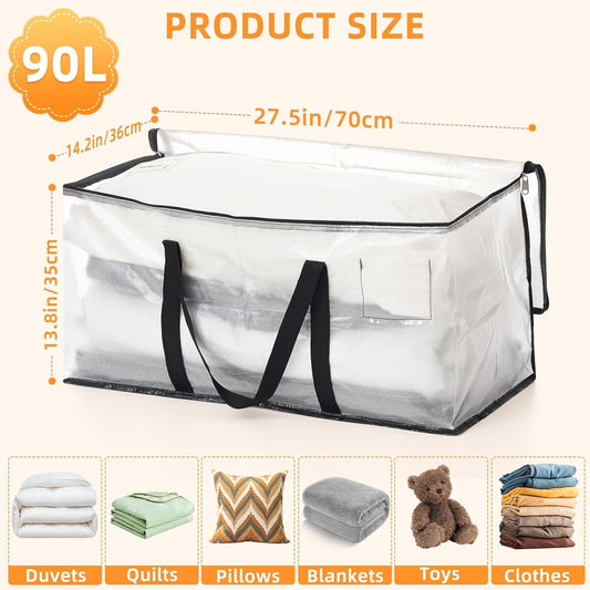Clothes Bags Storage, 90L Clear Storage Bags with Zipper & Handle & Tag Pocket, Foldable Moving Bags for Wardrobe, Bedding, House Moving, Travelling (4 Pack, 70X36X35Cm)