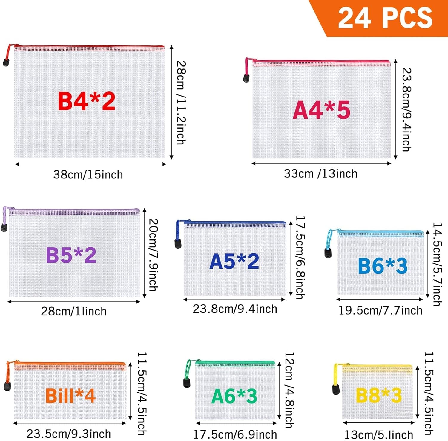 Plastic Zip Wallets Folders - 24Pcs Multi-Sizes File Folder, Zip Lock Bags, Plastic Folders Document Wallet, for School, Office, Travel, Organizing Stationery and Home Storage