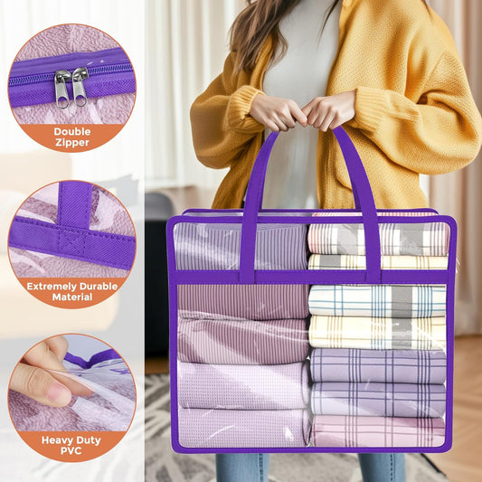 6 Pack Clear Storage Bags, 40L Plastic Storage Bag with Lid, Clothes Storage Bag Moving Bags PVC Organizer with Zipper for Bedding, Linen, Blankets, Comforters, Clothes, Purple