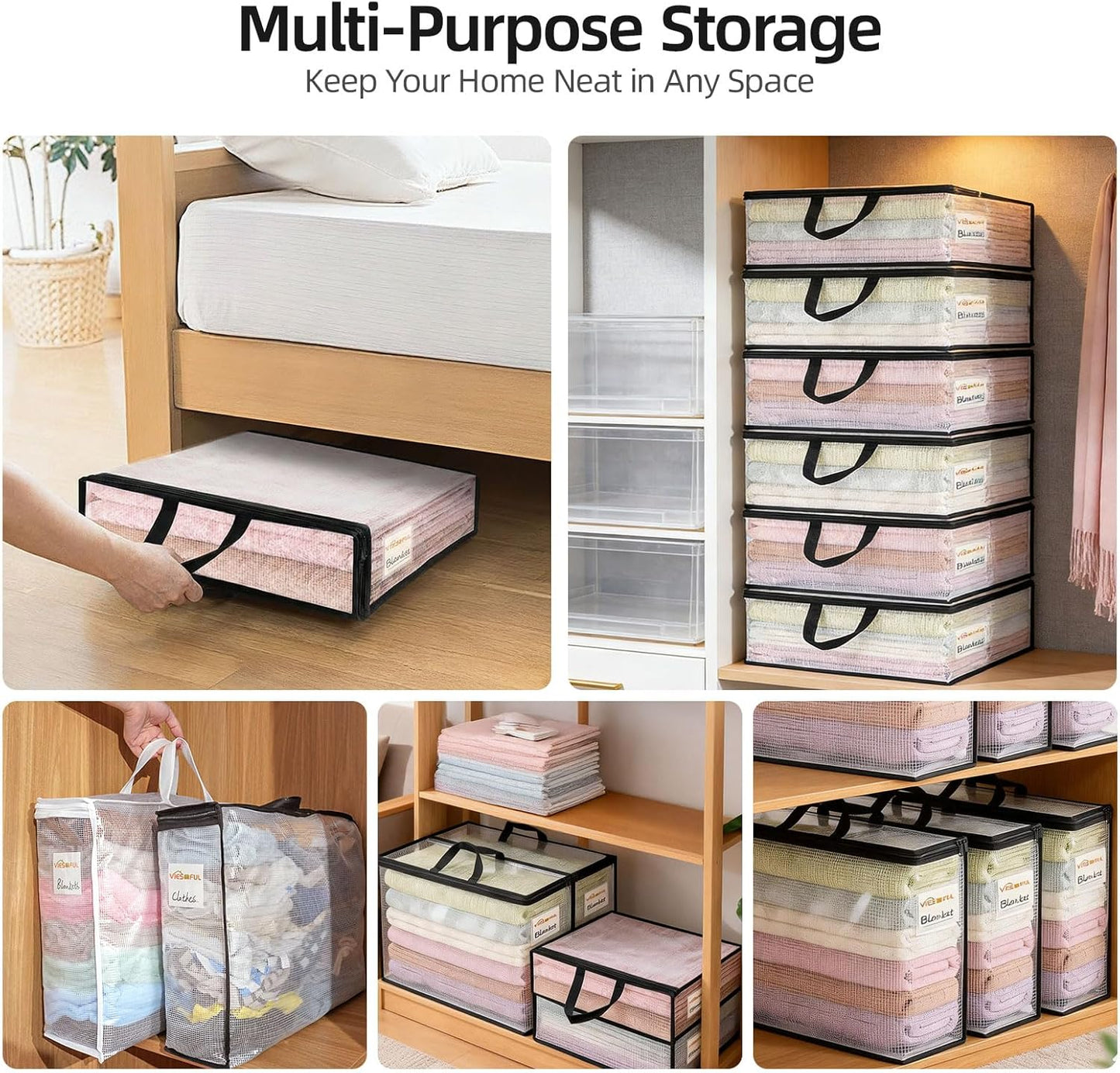 6 Pack Clear Storage Bags with Label, 22L Foldable PVC Mesh Clothes Storage Bags with Zipper for Bedding, Blankets, Clothing, Toys and Underbed Organisation