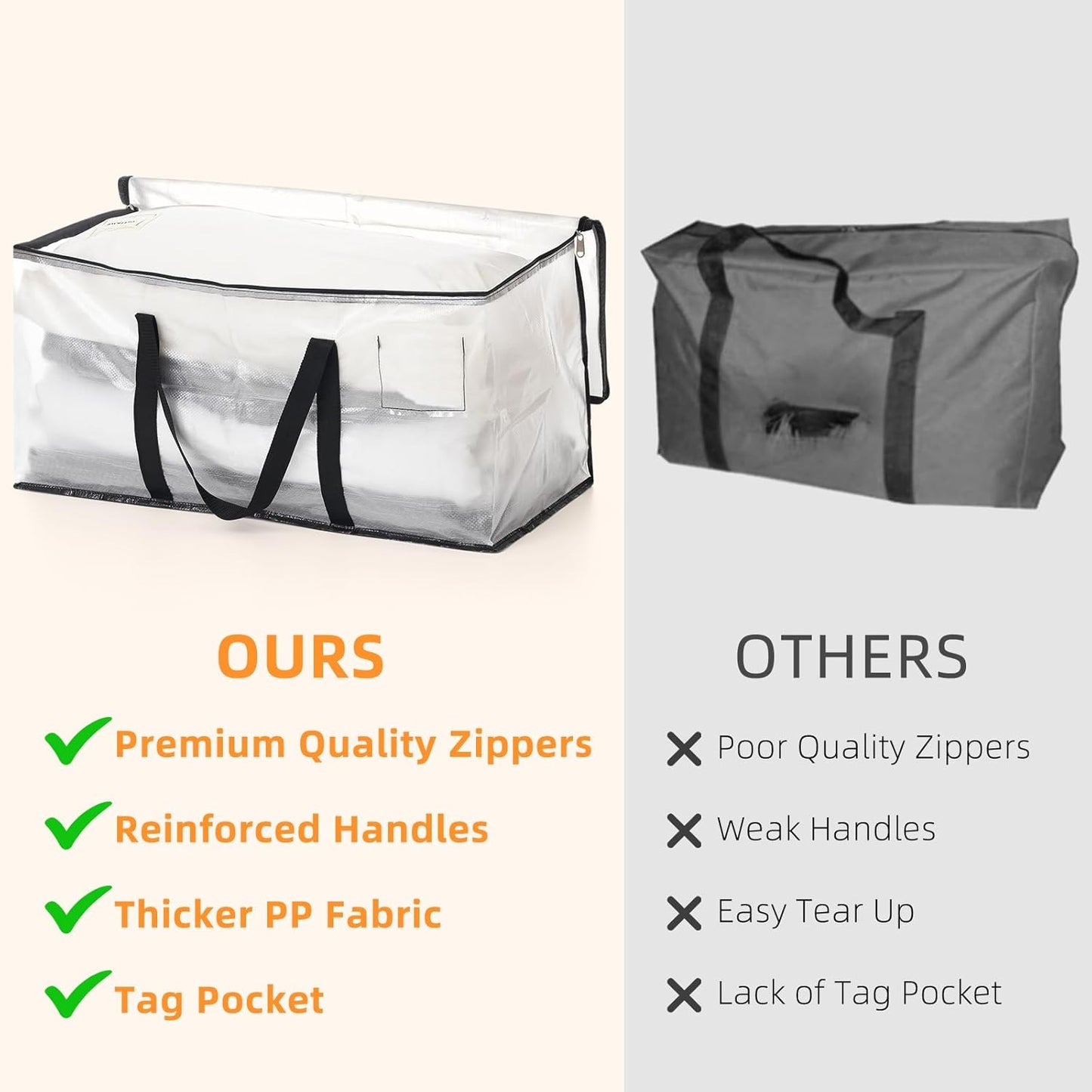 Clothes Bags Storage, 90L Clear Storage Bags with Zipper & Handle & Tag Pocket, Foldable Moving Bags for Wardrobe, Bedding, House Moving, Travelling (4 Pack, 70X36X35Cm)