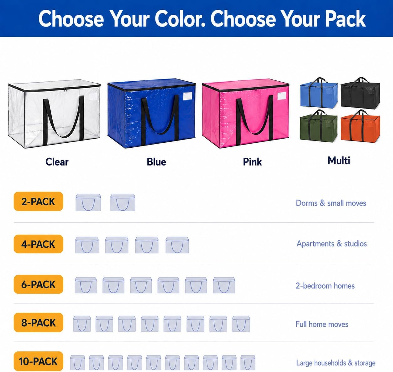 Large Moving Boxes & Storage Bags – Oversized Packing Bags with Backpack Straps, Zippers & Handles – Heavy-Duty for College Dorm, Christmas Decorations, 6 Pack