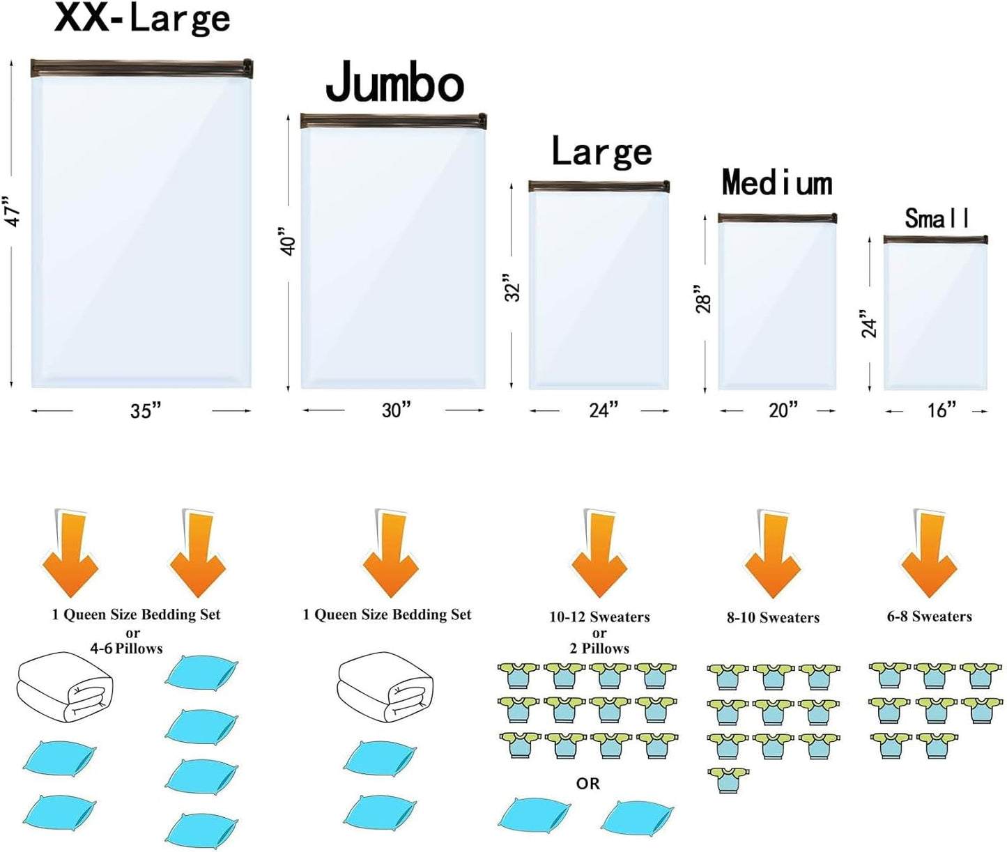 Vacuum Storage Bags (3 X Jumbo, 3 X Large, 3 X Medium, 3 X Small), Space Saver Sealer Compression Bags with Travel Hand Pump