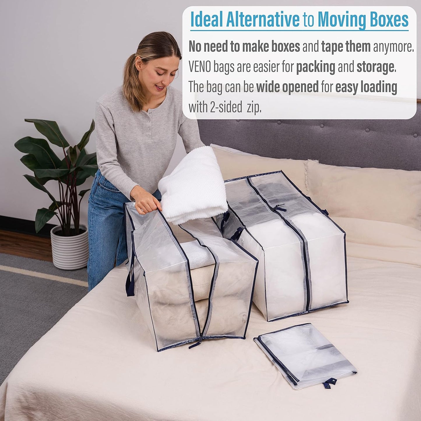 10 Pack Heavy-Duty Extra Large Moving Bags W/Backpack Straps, Moving House Essentials, Strong Handles & Zips, Clothes Storage, Packing, Laundry Bags, Reusable and Sustainable (Clear, 10 Pack)