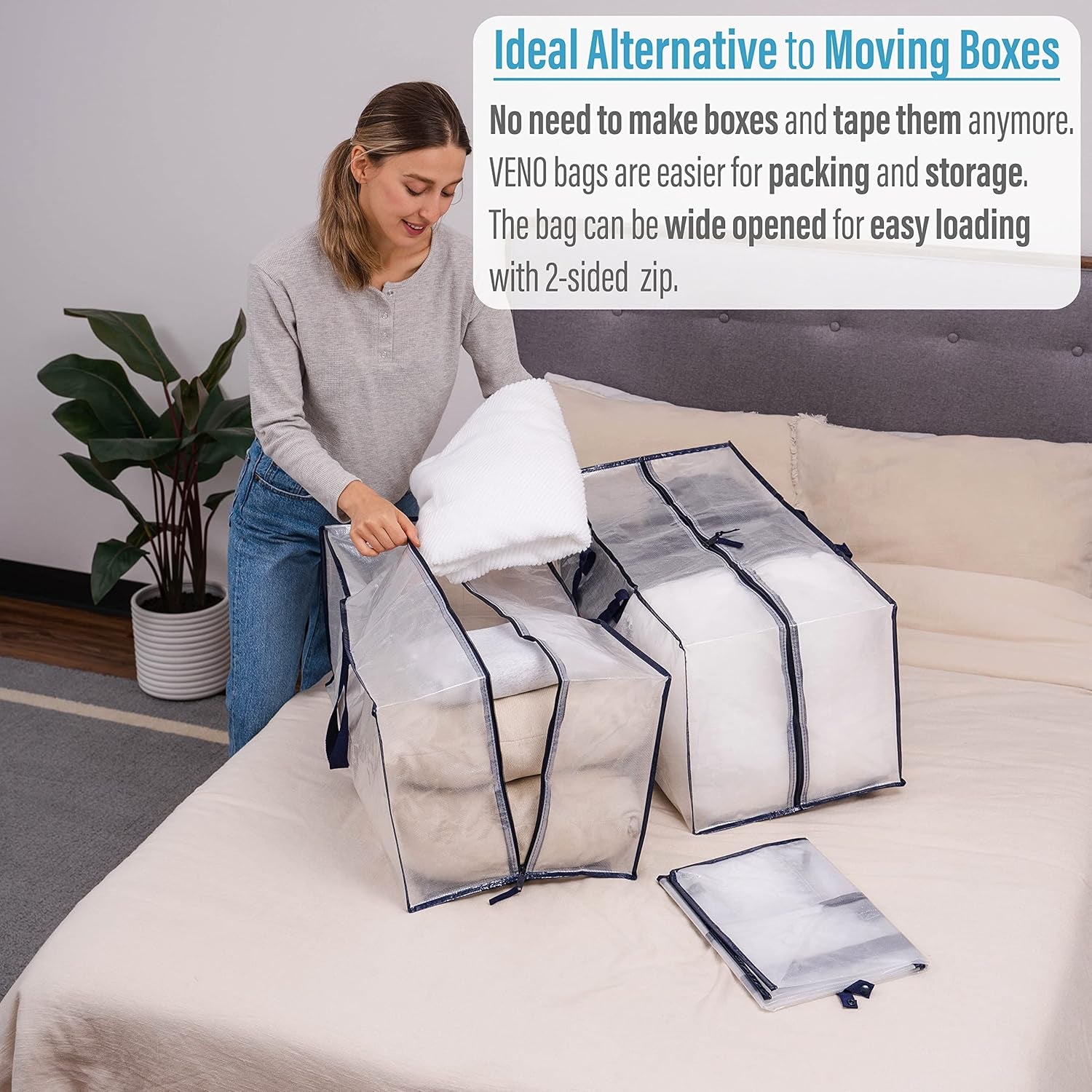 10 Pack Heavy-Duty Extra Large Moving Bags W/Backpack Straps, Moving House Essentials, Strong Handles & Zips, Clothes Storage, Packing, Laundry Bags, Reusable and Sustainable (Clear, 10 Pack)