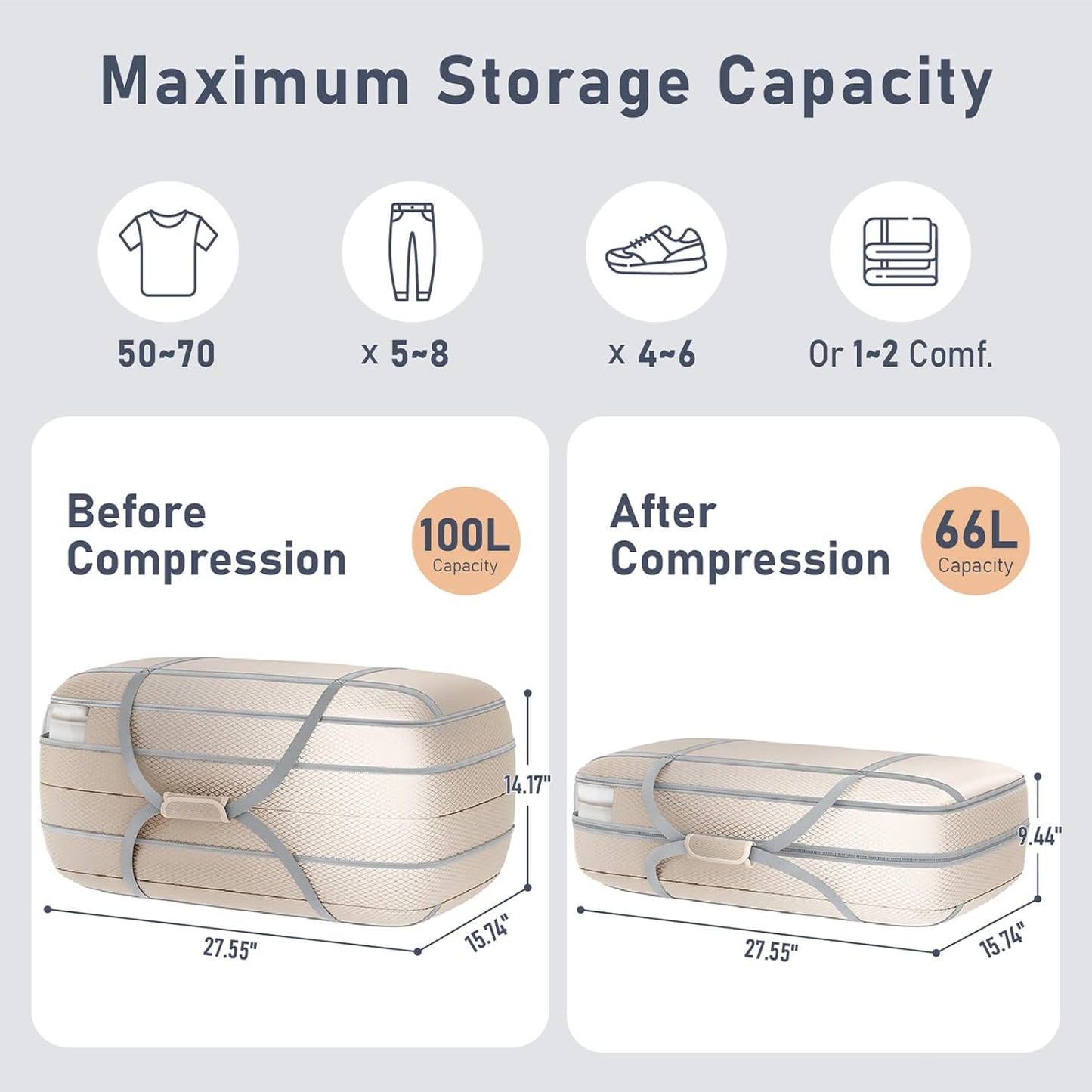 100L Compression Clothes Storage Bag - Tear-Resistant Polyester, Large Storage Boxes with Lids, Transparent Moving Bags with Reinforced Handles & Windows for Bedding/Travel/College, 2 Pack