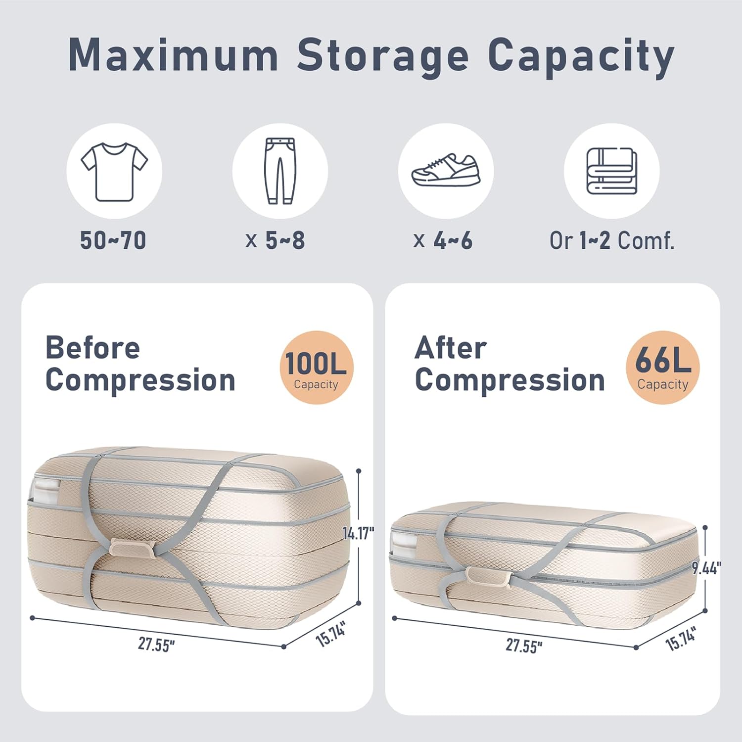 100L Compression Clothes Storage Bag - Tear-Resistant Polyester, Large Storage Boxes with Lids, Transparent Moving Bags with Reinforced Handles & Windows for Bedding/Travel/College, 2 Pack