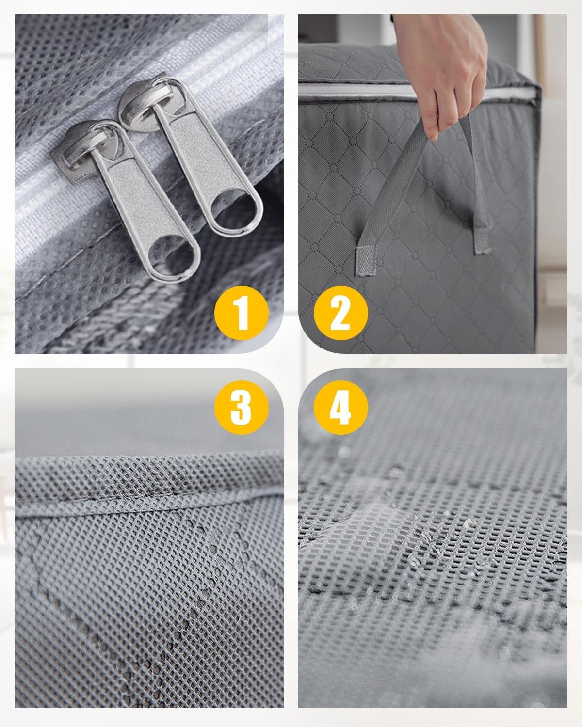 90L Large Capacity Clothes Storage Bags with Zips, Storage Boxes with Lids, Reinforced Handle, Foldable, Thick Fabric, for Comforters, Clothes, Blankets, Bedding, 4 Pack, Dark Grey