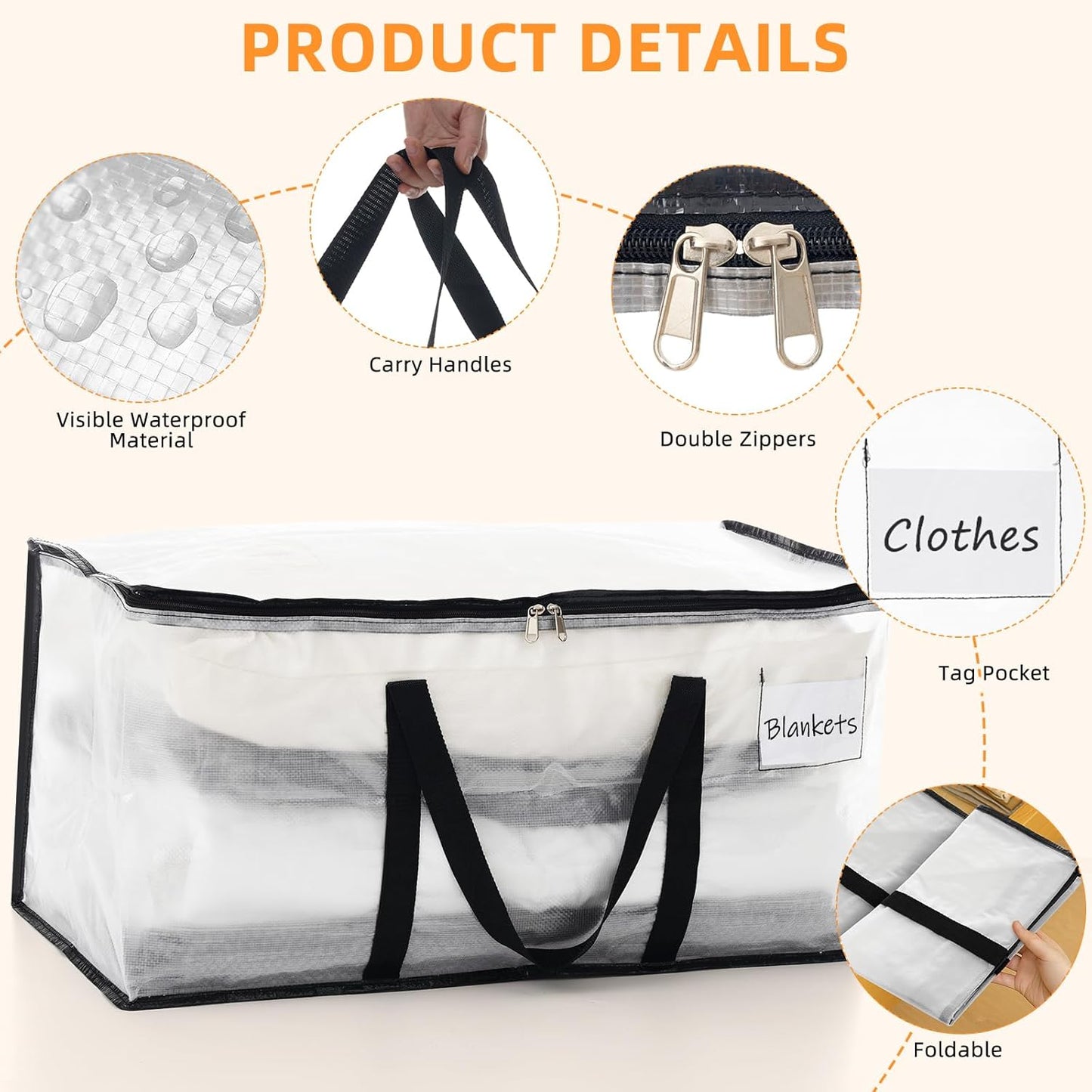 Clothes Bags Storage, 90L Clear Storage Bags with Zipper & Handle & Tag Pocket, Foldable Moving Bags for Wardrobe, Bedding, House Moving, Travelling (4 Pack, 70X36X35Cm)