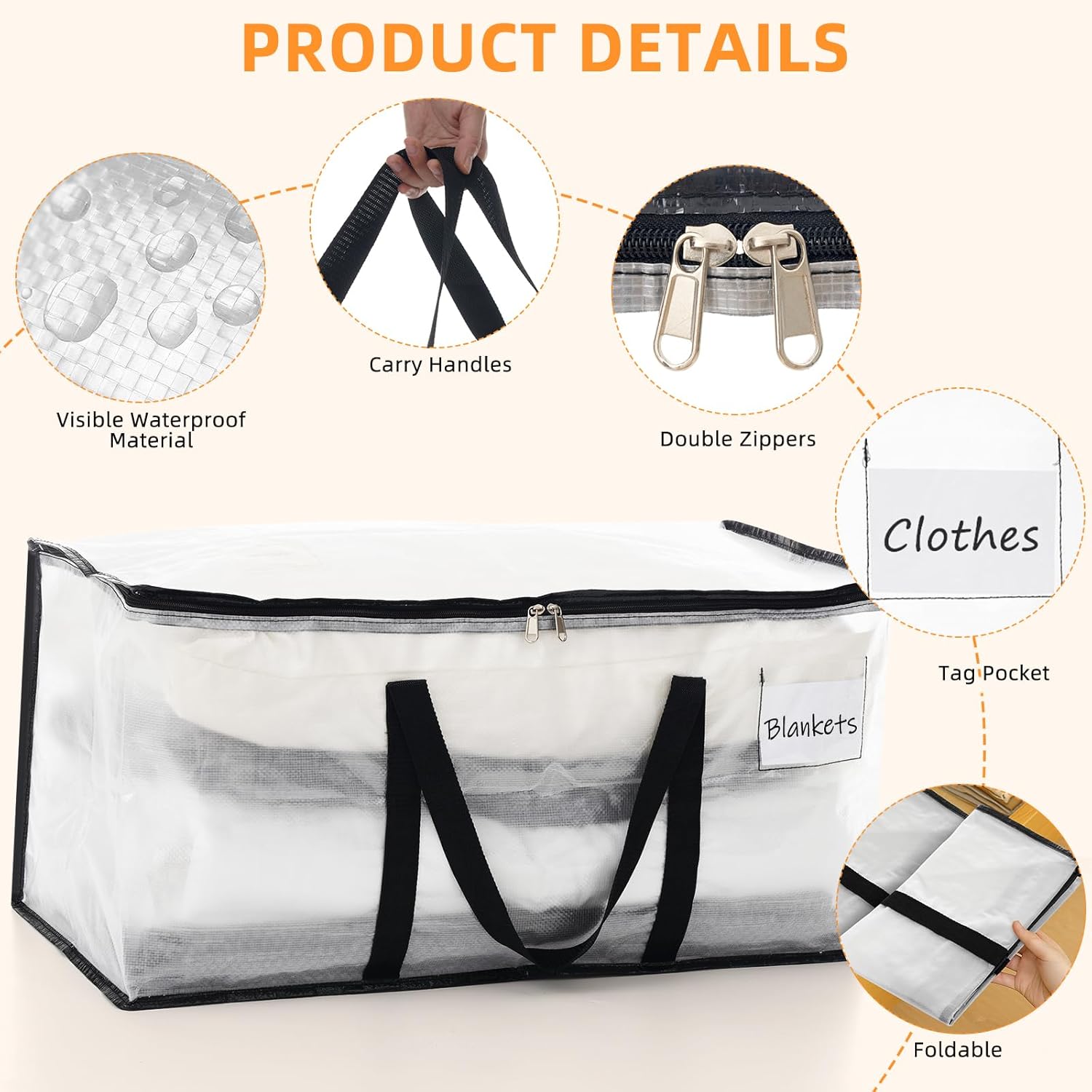 Clothes Bags Storage, 90L Clear Storage Bags with Zipper & Handle & Tag Pocket, Foldable Moving Bags for Wardrobe, Bedding, House Moving, Travelling (4 Pack, 70X36X35Cm)