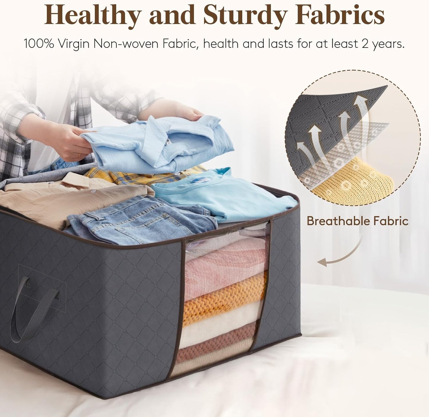 95L Clothes Storage Bags Large Storage Box with Lid Packing Boxes for Moving House with Reinforced Handle Thick Fabric Clear Window for Clothes Duvet Blankets Bedding, 3 Pack, Grey