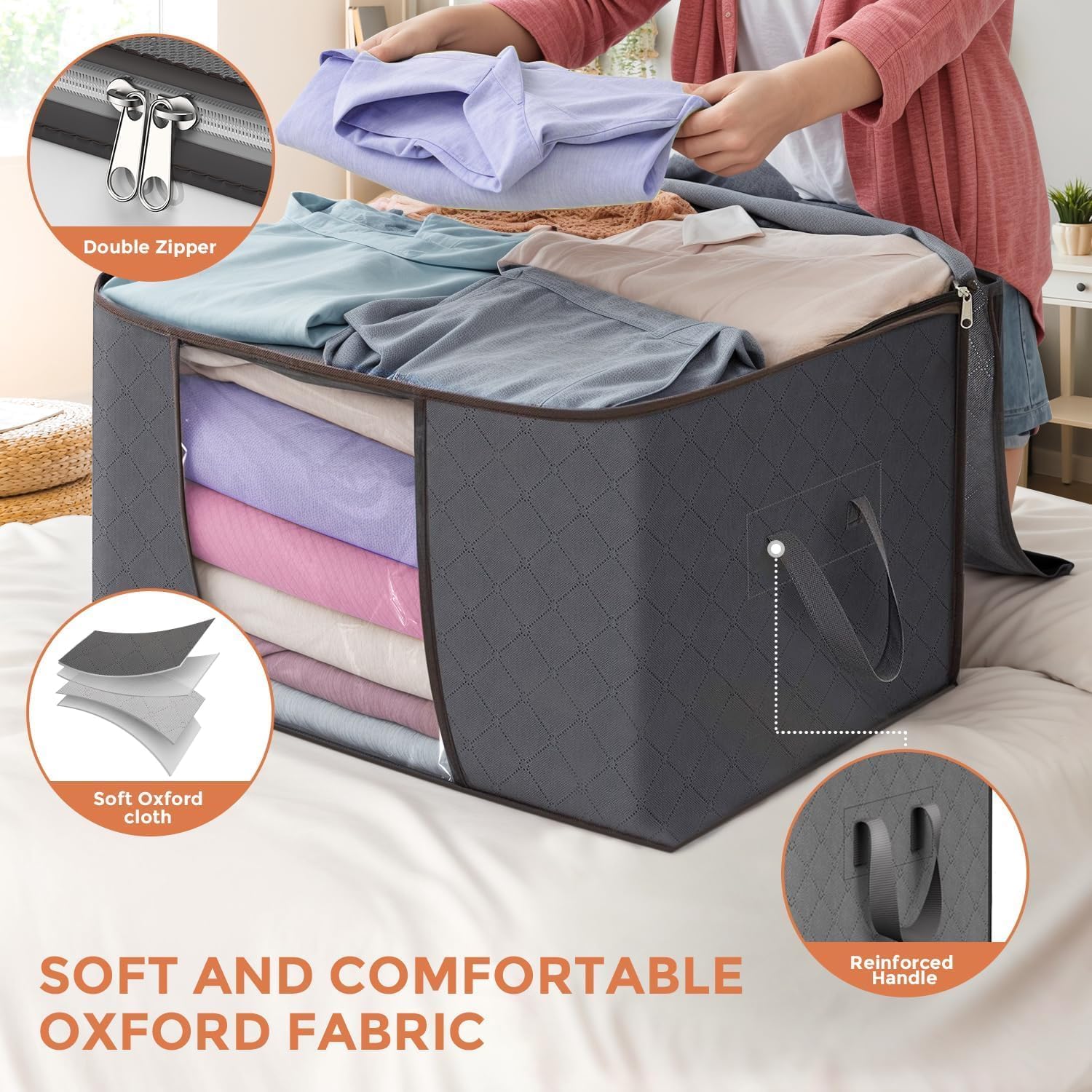 6 Pack 90L Storage Bags, Large Clothes Storage Bags with Zips Durable Handles Thick Fabric for Clothes, Bedding, Blankets, Comforters and Toys (Grey)