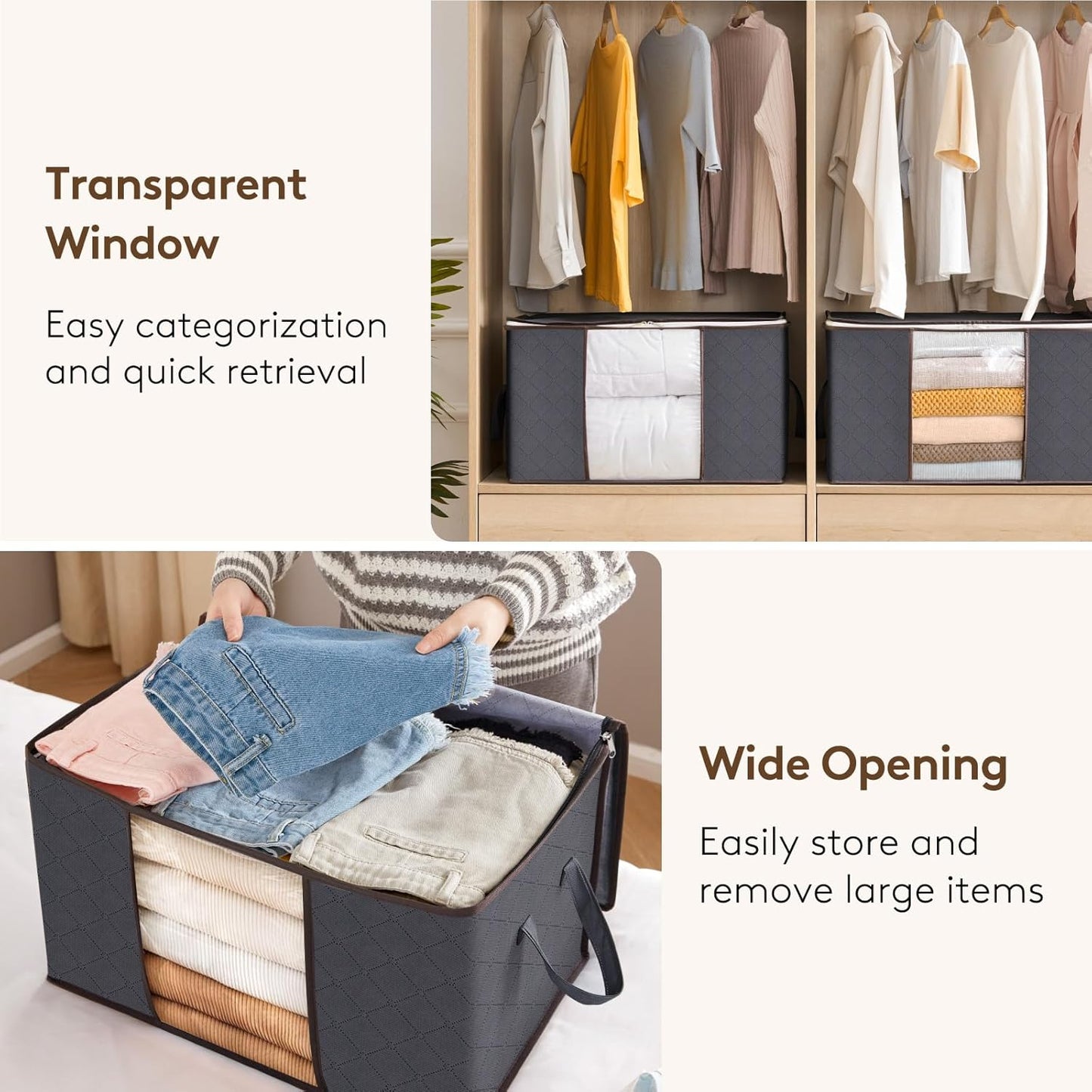 95L Clothes Storage Bags Large Storage Box with Lid Packing Boxes for Moving House with Reinforced Handle Thick Fabric Clear Window for Clothes Duvet Blankets Bedding, 3 Pack, Grey