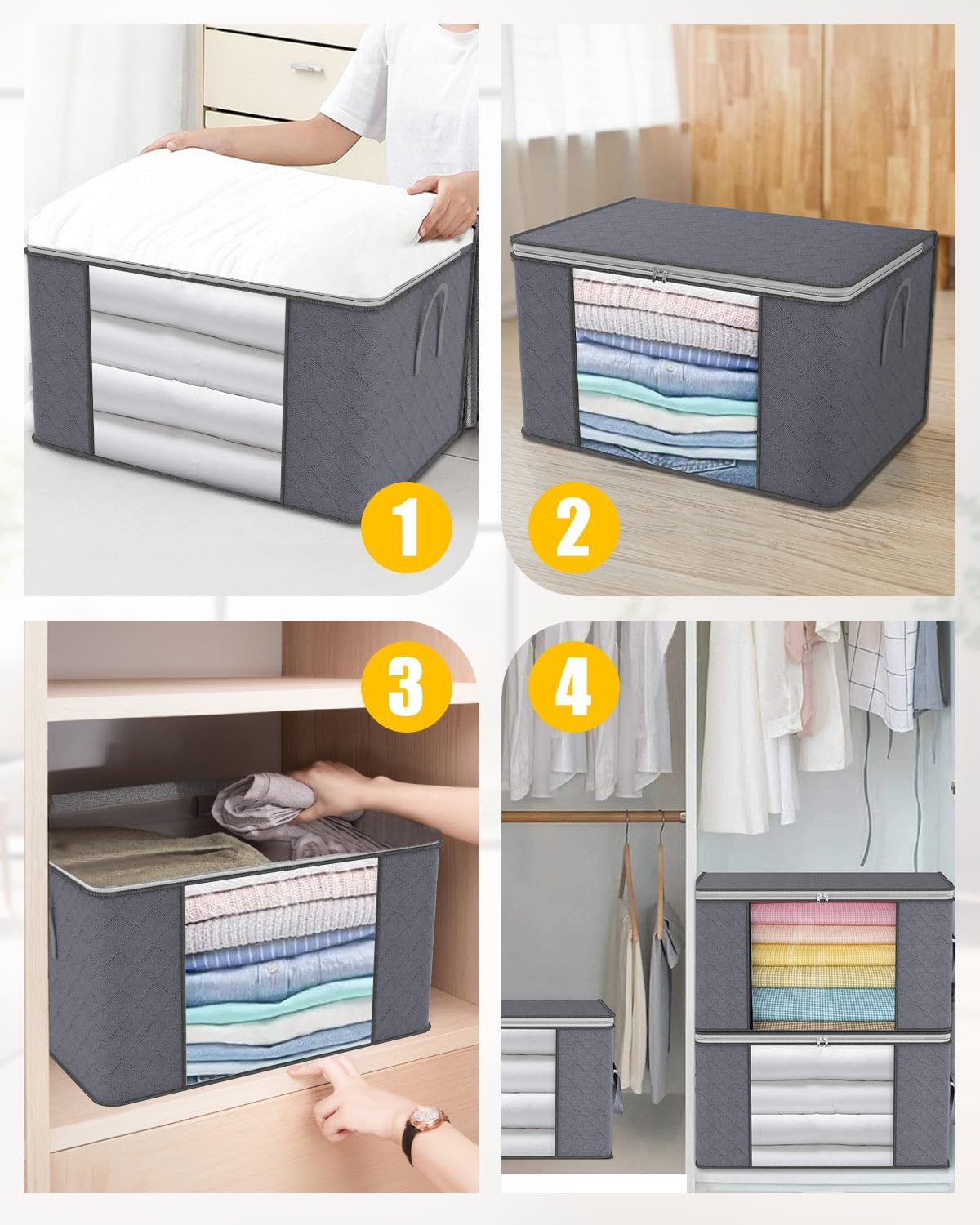 90L Large Capacity Clothes Storage Bags with Zips, Storage Boxes with Lids, Reinforced Handle, Foldable, Thick Fabric, for Comforters, Clothes, Blankets, Bedding, 4 Pack, Dark Grey