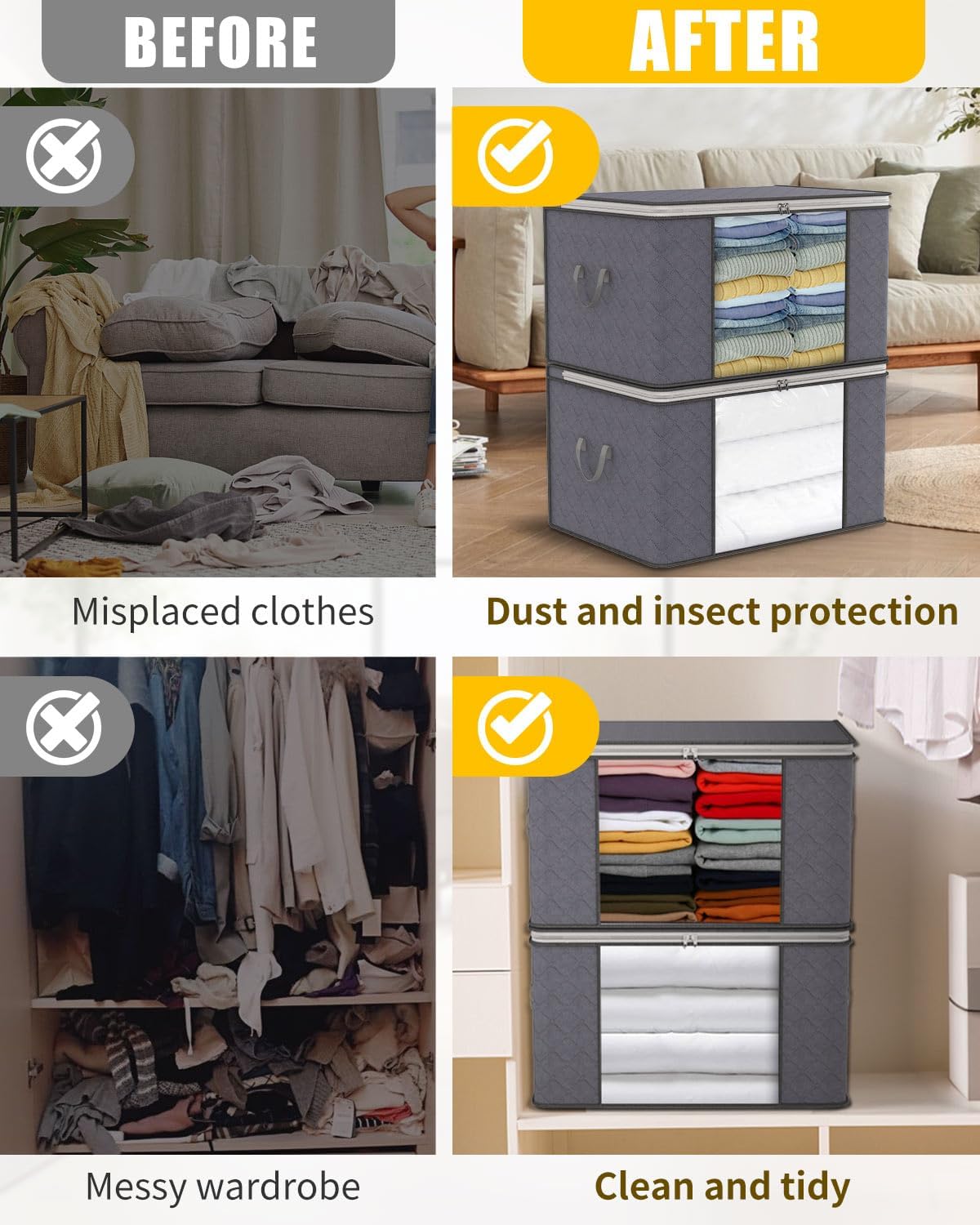 90L Large Capacity Clothes Storage Bags with Zips, Storage Boxes with Lids, Reinforced Handle, Foldable, Thick Fabric, for Comforters, Clothes, Blankets, Bedding, 4 Pack, Dark Grey
