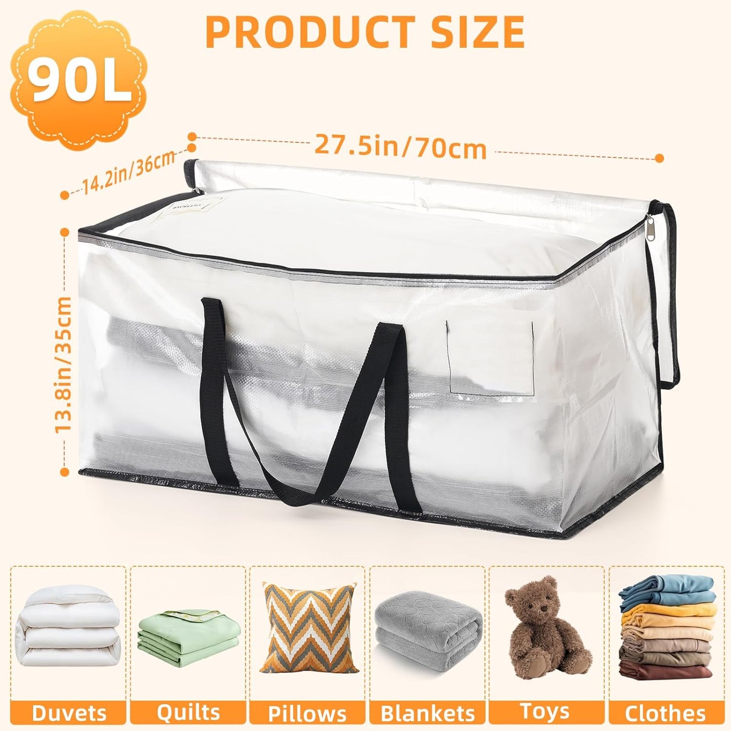 Clothes Bags Storage, 90L Clear Storage Bags with Zipper & Handle & Tag Pocket, Foldable Moving Bags for Wardrobe, Bedding, House Moving, Travelling (4 Pack, 70X36X35Cm)