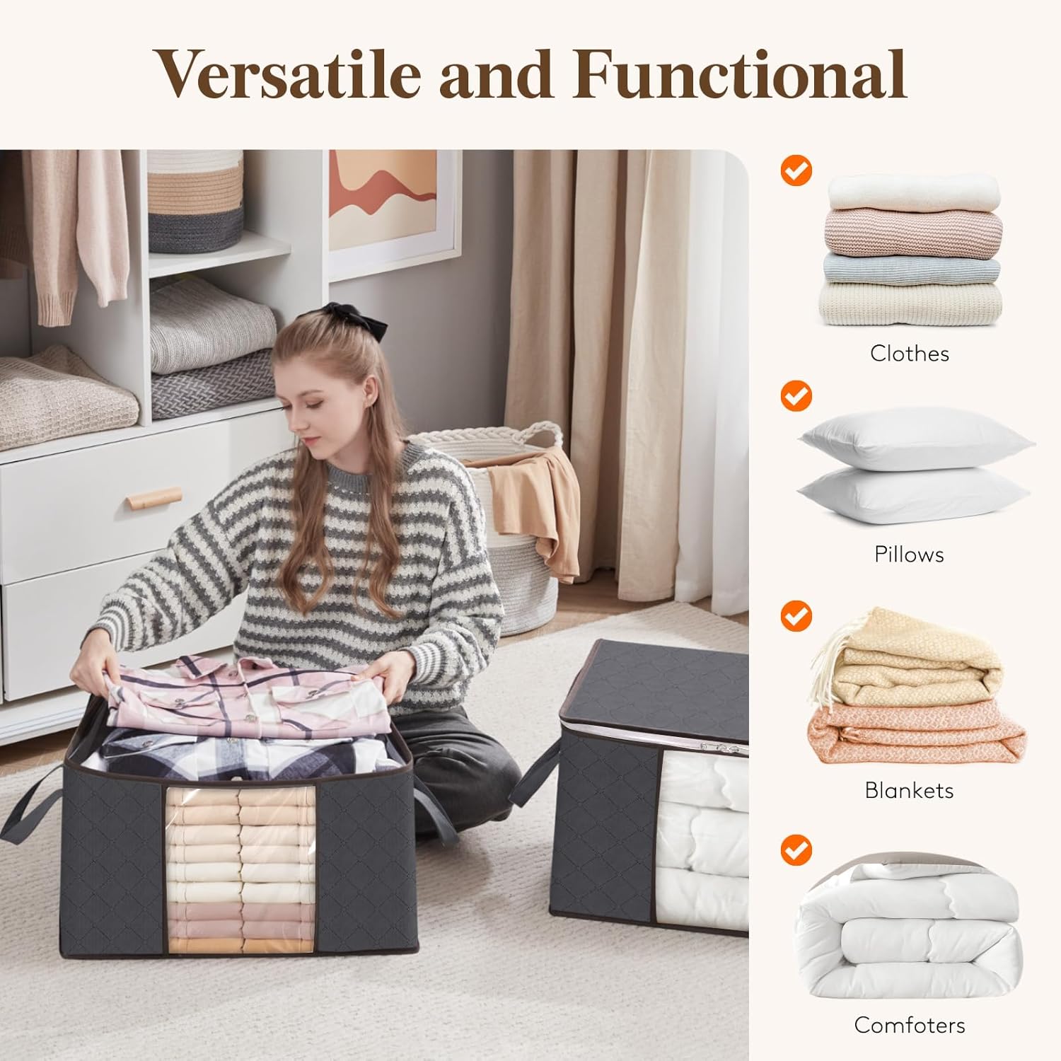 95L Clothes Storage Bags Large Storage Box with Lid Packing Boxes for Moving House with Reinforced Handle Thick Fabric Clear Window for Clothes Duvet Blankets Bedding, 3 Pack, Grey