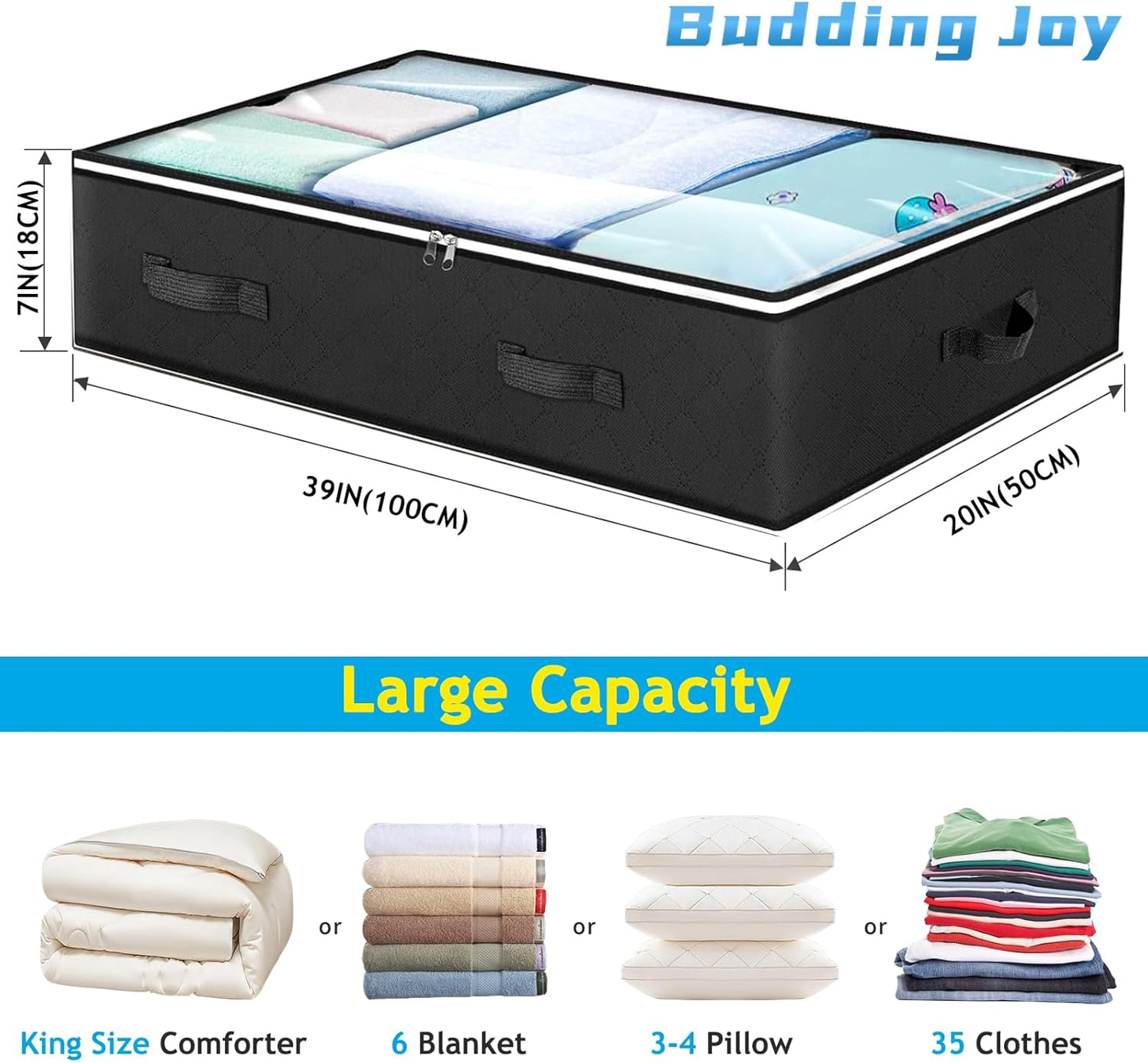 4 Pack Underbed Storage, 90L Large under Bed Storage Box with Lid, Clothes Storage Bags with Clear Window and Reinforced Handles for Blanket, Clothes, Comforters, Black