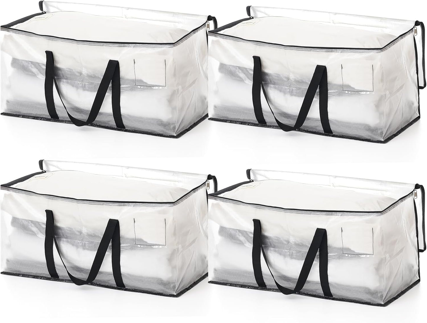 Clothes Bags Storage, 90L Clear Storage Bags with Zipper & Handle & Tag Pocket, Foldable Moving Bags for Wardrobe, Bedding, House Moving, Travelling (4 Pack, 70X36X35Cm)