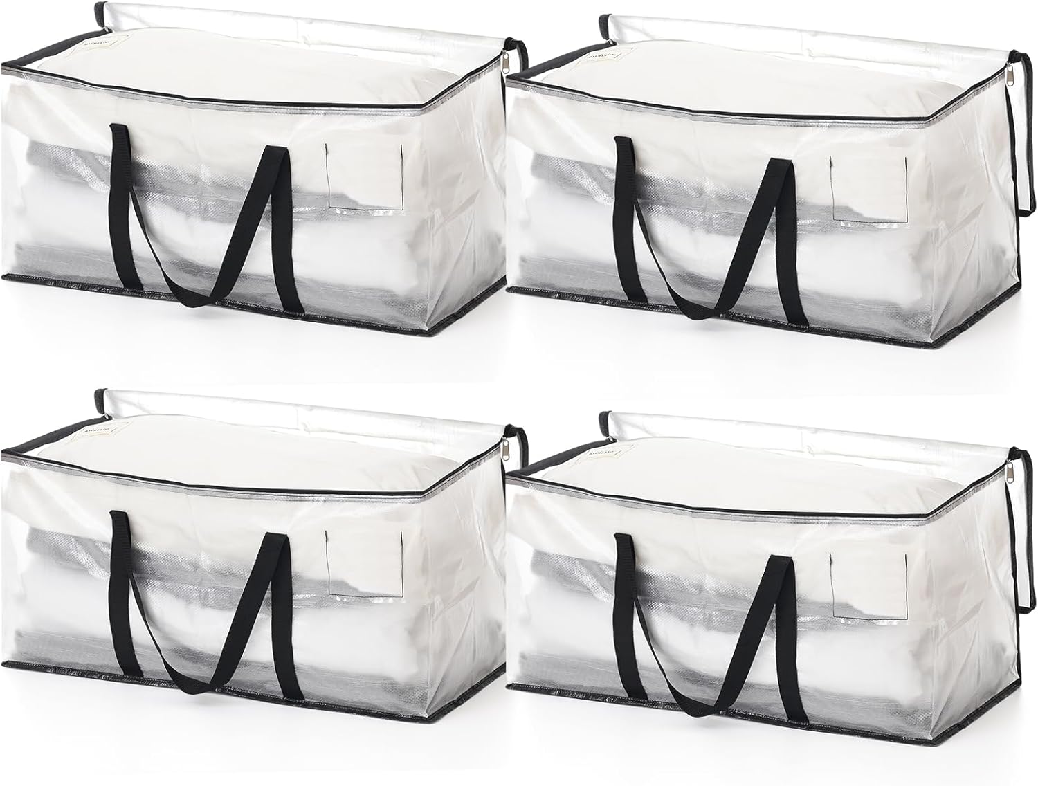 Clothes Bags Storage, 90L Clear Storage Bags with Zipper & Handle & Tag Pocket, Foldable Moving Bags for Wardrobe, Bedding, House Moving, Travelling (4 Pack, 70X36X35Cm)