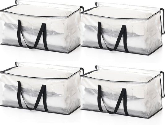Clothes Bags Storage, 90L Clear Storage Bags with Zipper & Handle & Tag Pocket, Foldable Moving Bags for Wardrobe, Bedding, House Moving, Travelling (4 Pack, 70X36X35Cm)