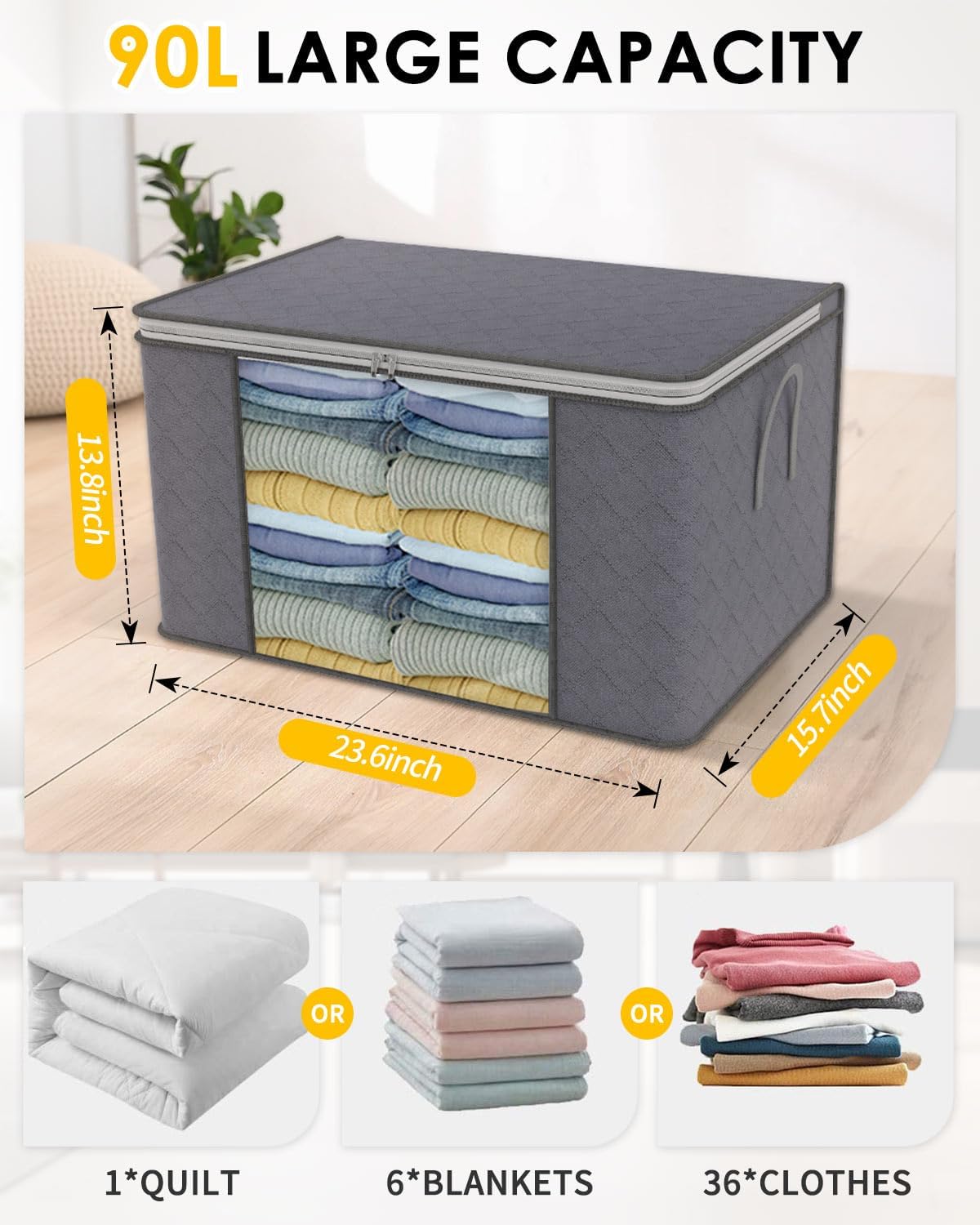 90L Large Capacity Clothes Storage Bags with Zips, Storage Boxes with Lids, Reinforced Handle, Foldable, Thick Fabric, for Comforters, Clothes, Blankets, Bedding, 4 Pack, Dark Grey