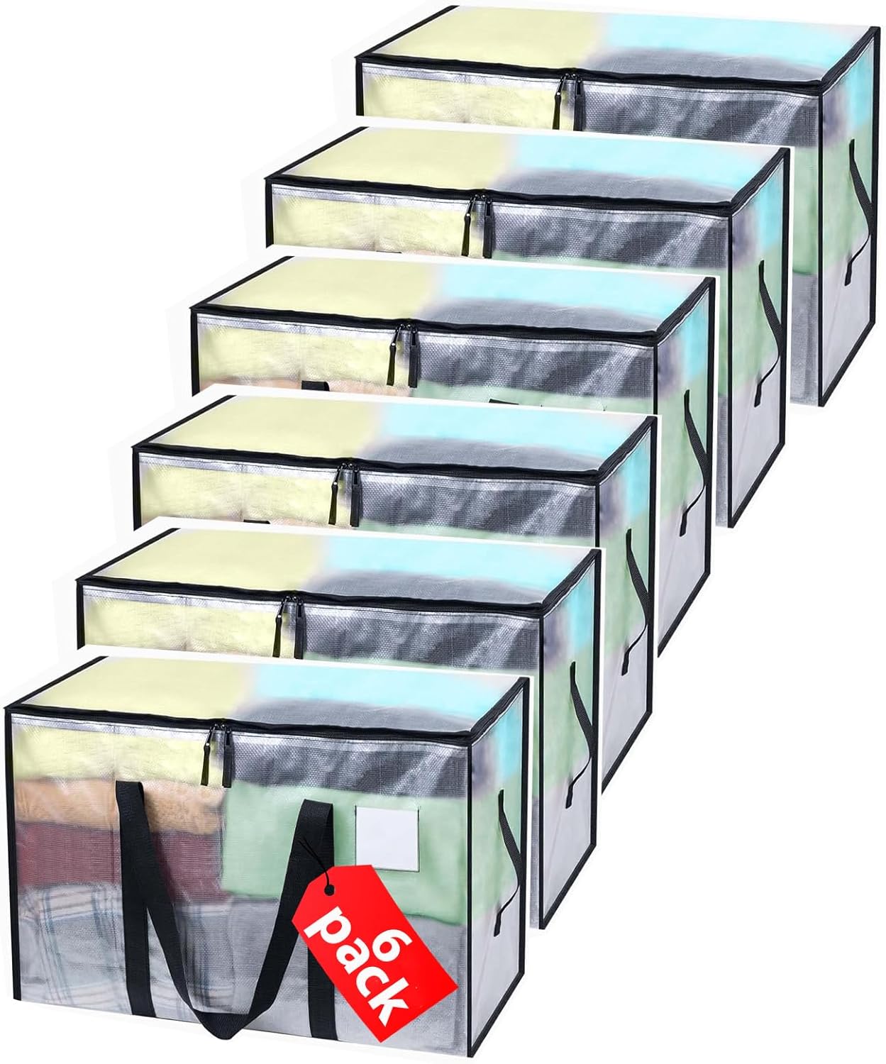 Clothes Storage Bags with Lids, 6 Pack Heavy-Duty Moving Bags for Moving, Clothes Storage, Laundry Bag, Packing, House Solutions（Transparent ）