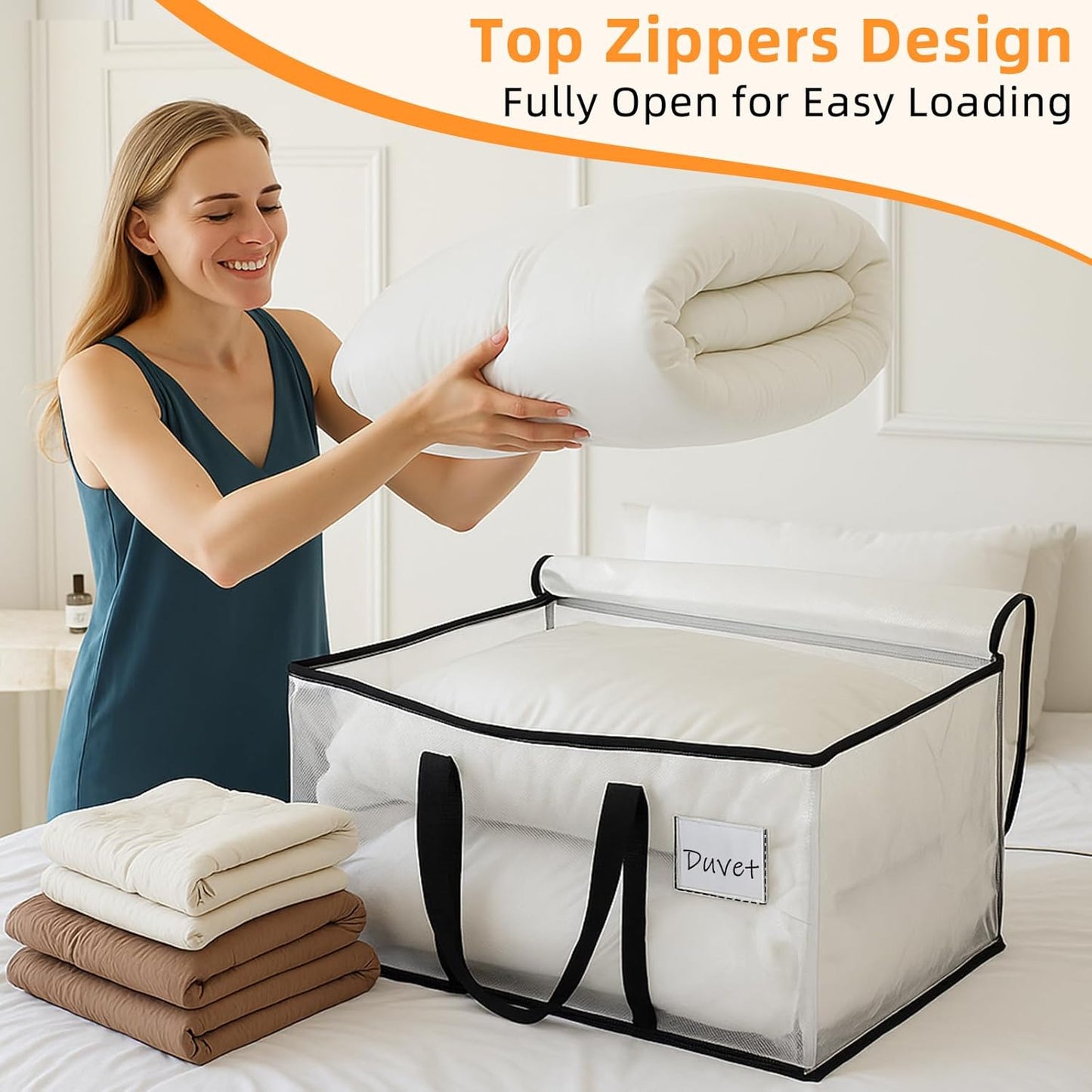 Clothes Bags Storage, 90L Clear Storage Bags with Zipper & Handle & Tag Pocket, Foldable Moving Bags for Wardrobe, Bedding, House Moving, Travelling (4 Pack, 70X36X35Cm)
