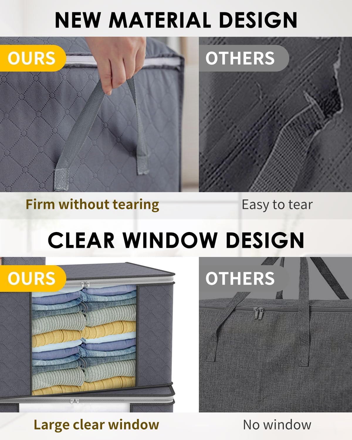 90L Large Capacity Clothes Storage Bags with Zips, Storage Boxes with Lids, Reinforced Handle, Foldable, Thick Fabric, for Comforters, Clothes, Blankets, Bedding, 4 Pack, Dark Grey