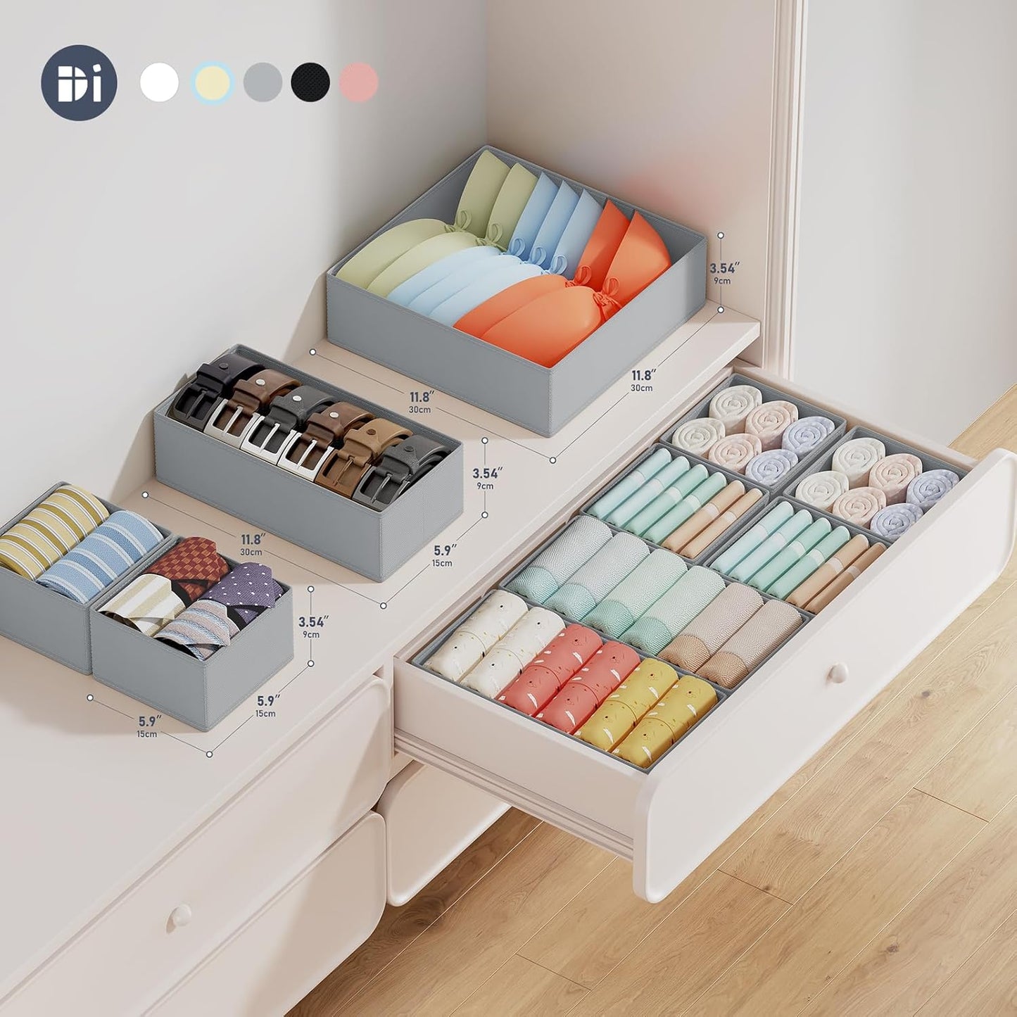 12 Pack Drawer Organisers Foldable Storage Box Fabric Drawer Dividers Wardrobe Storage Organiser Storage Cubes for Bras, Socks, Underwear, Ties, Scarves, Cosmetics