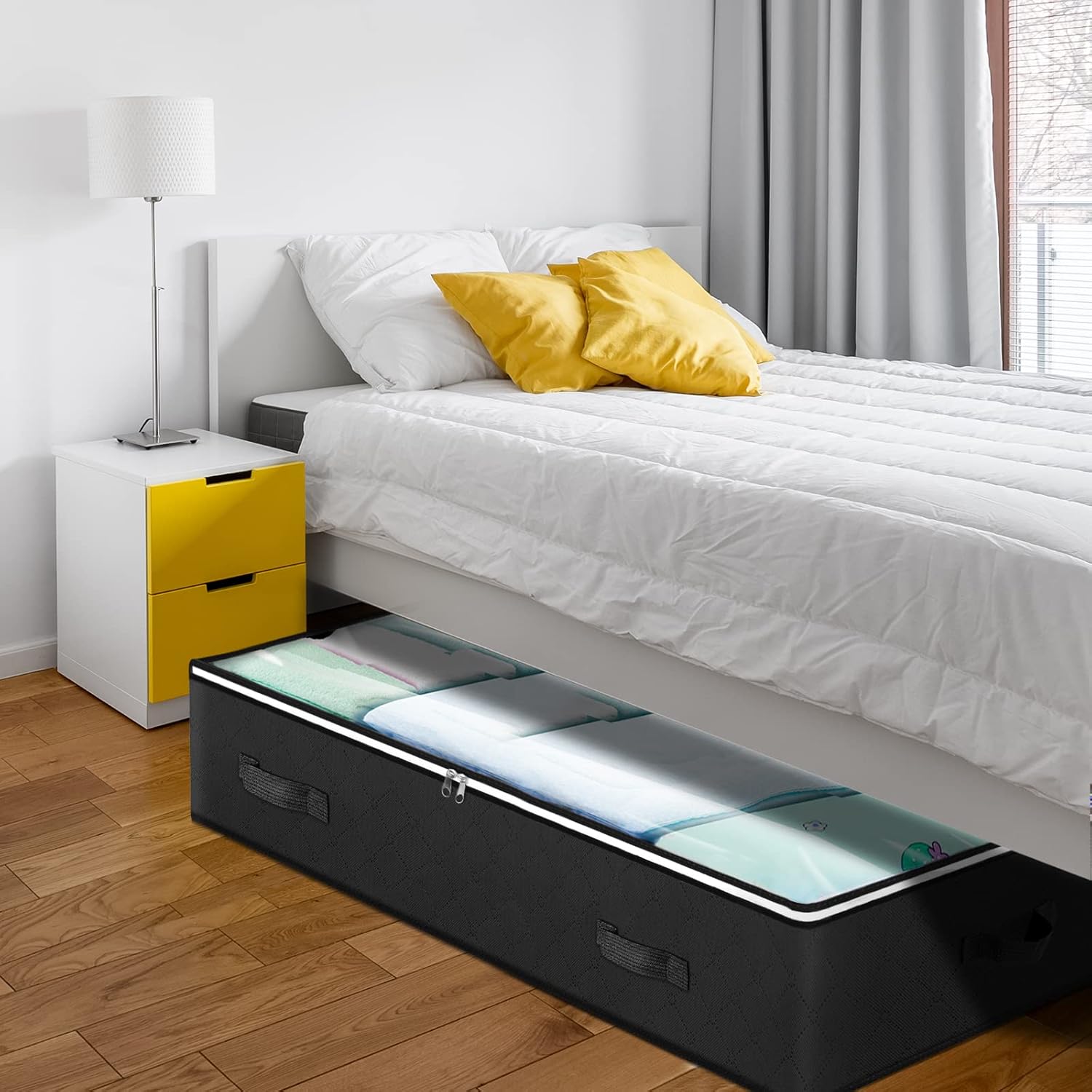 4 Pack Underbed Storage, 90L Large under Bed Storage Box with Lid, Clothes Storage Bags with Clear Window and Reinforced Handles for Blanket, Clothes, Comforters, Black