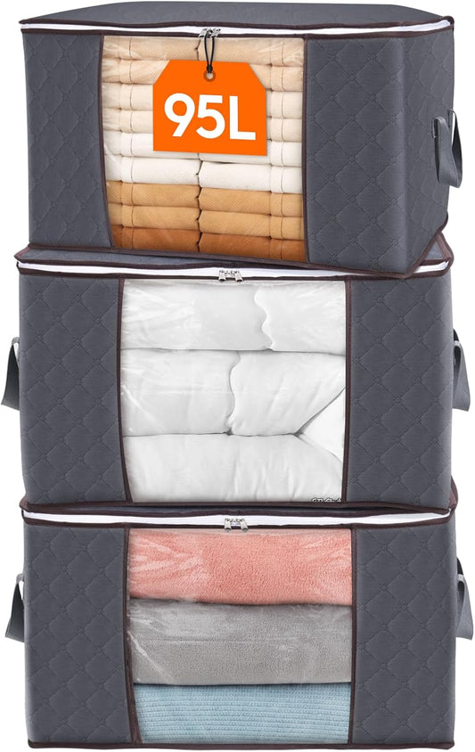 95L Clothes Storage Bags Large Storage Box with Lid Packing Boxes for Moving House with Reinforced Handle Thick Fabric Clear Window for Clothes Duvet Blankets Bedding, 3 Pack, Grey