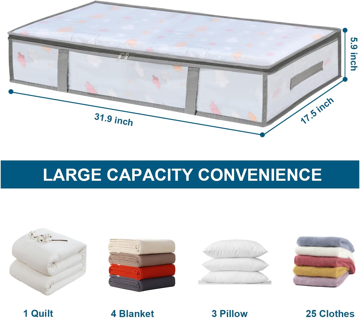 4 Packs under Bed Storage Containers Bins, Humid-Proof Plastic Underbed Storage Bins, Closet Organizers and Clothes Storage Bags, under the Bed Blanket Storage with Handles for Clothes,Bedroom