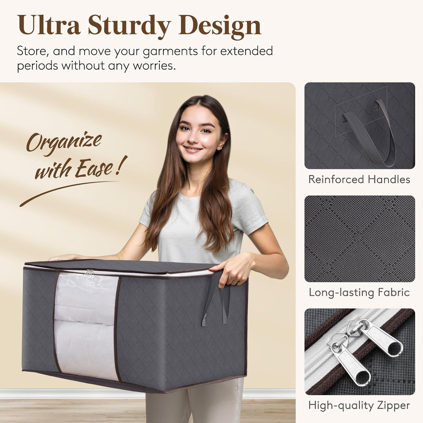 95L Clothes Storage Bags Large Storage Box with Lid Packing Boxes for Moving House with Reinforced Handle Thick Fabric Clear Window for Clothes Duvet Blankets Bedding, 3 Pack, Grey