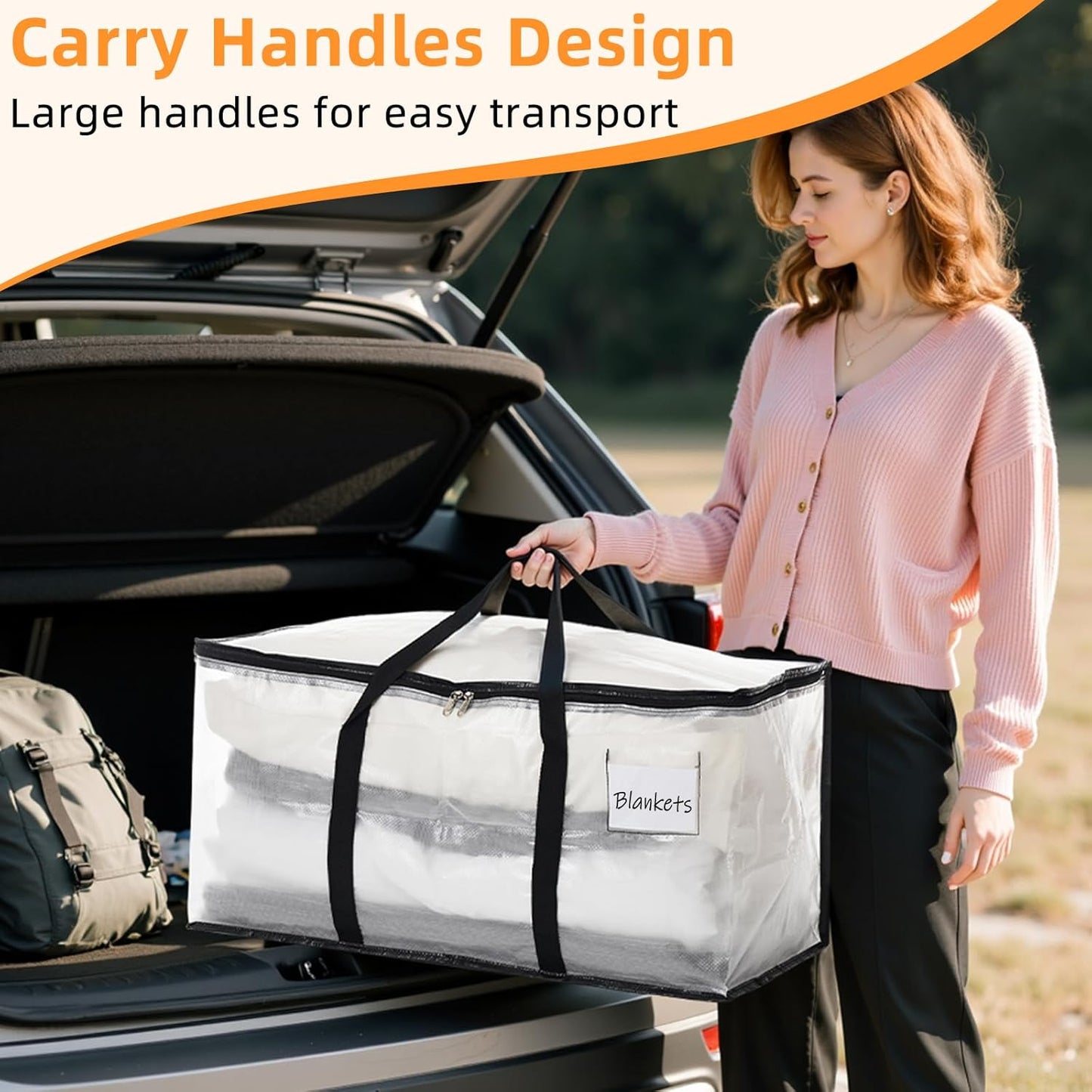 Clothes Bags Storage, 90L Clear Storage Bags with Zipper & Handle & Tag Pocket, Foldable Moving Bags for Wardrobe, Bedding, House Moving, Travelling (4 Pack, 70X36X35Cm)