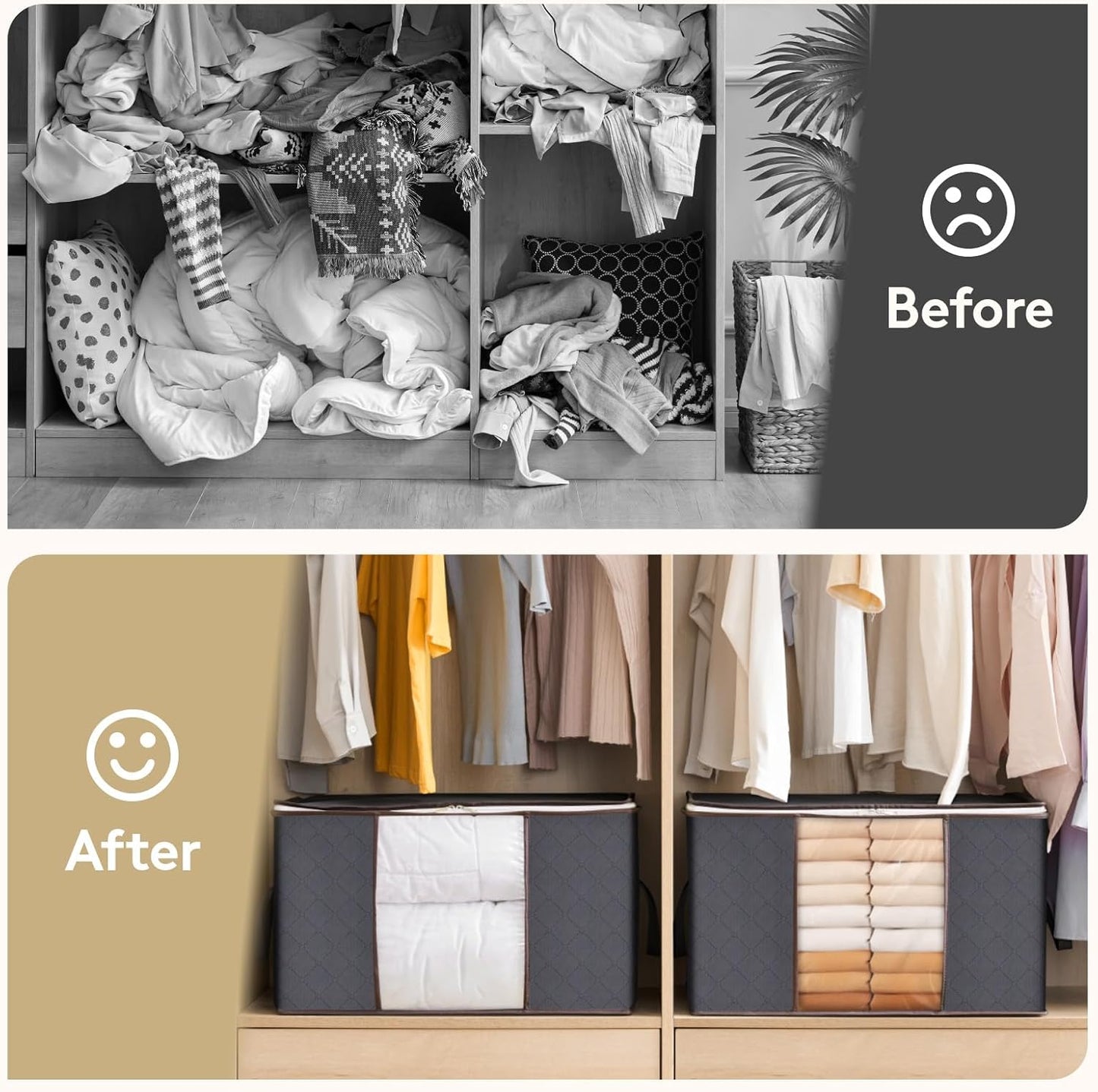 95L Clothes Storage Bags Large Storage Box with Lid Packing Boxes for Moving House with Reinforced Handle Thick Fabric Clear Window for Clothes Duvet Blankets Bedding, 3 Pack, Grey