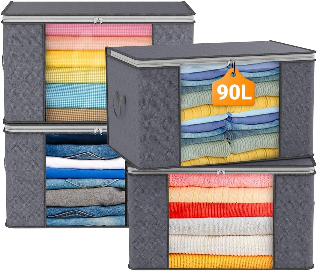 90L Large Capacity Clothes Storage Bags with Zips, Storage Boxes with Lids, Reinforced Handle, Foldable, Thick Fabric, for Comforters, Clothes, Blankets, Bedding, 4 Pack, Dark Grey
