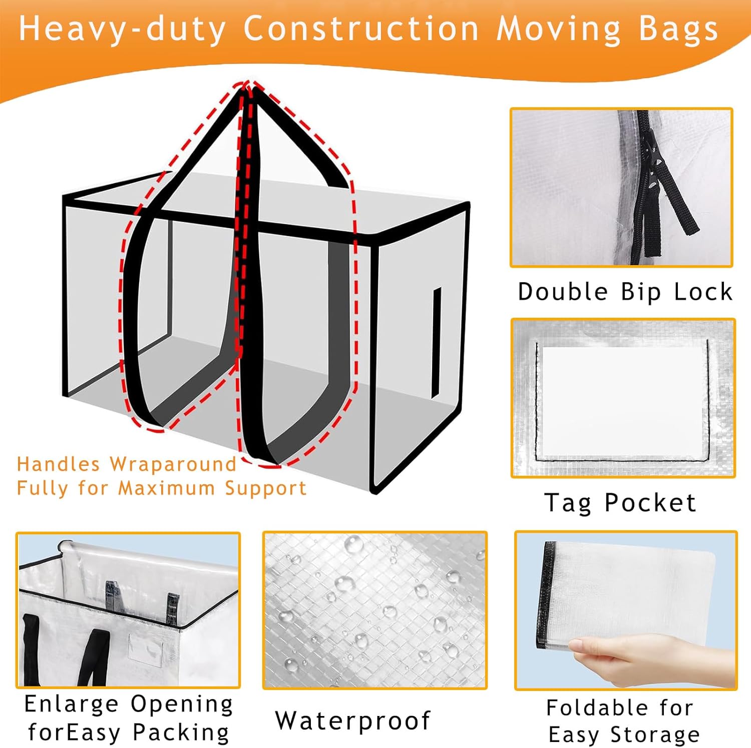 Clothes Storage Bags with Lids, 6 Pack Heavy-Duty Moving Bags for Moving, Clothes Storage, Laundry Bag, Packing, House Solutions（Transparent ）