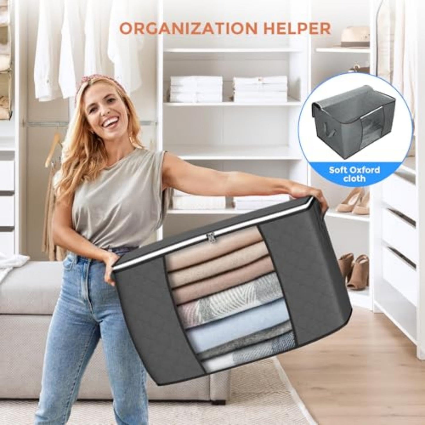 6 Pack 90L Storage Bags, Large Clothes Storage Bags with Zips Durable Handles Thick Fabric for Clothes, Bedding, Blankets, Comforters and Toys (Grey)