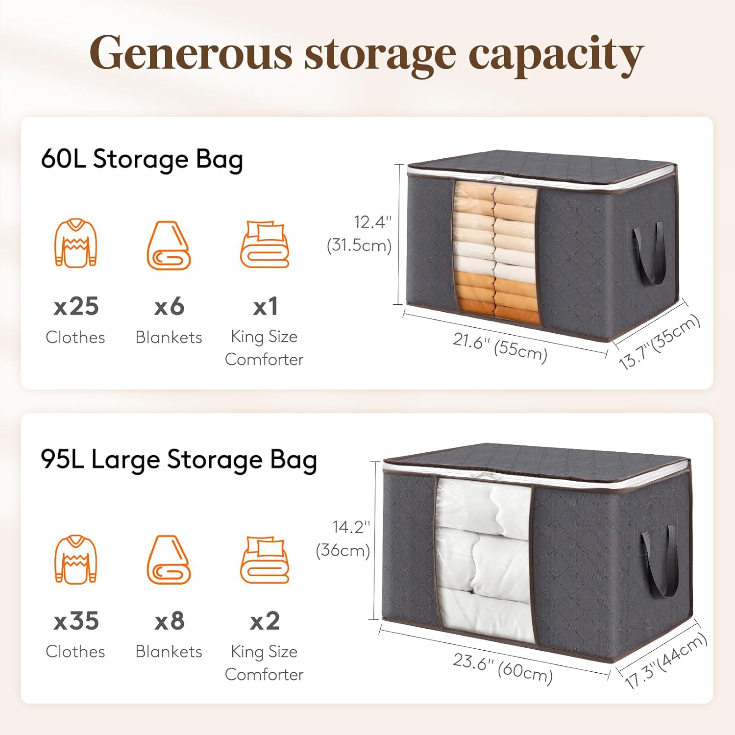 95L Clothes Storage Bags Large Storage Box with Lid Packing Boxes for Moving House with Reinforced Handle Thick Fabric Clear Window for Clothes Duvet Blankets Bedding, 3 Pack, Grey