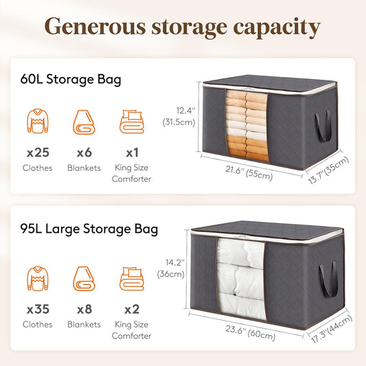 95L Clothes Storage Bags Large Storage Box with Lid Packing Boxes for Moving House with Reinforced Handle Thick Fabric Clear Window for Clothes Duvet Blankets Bedding, 3 Pack, Grey