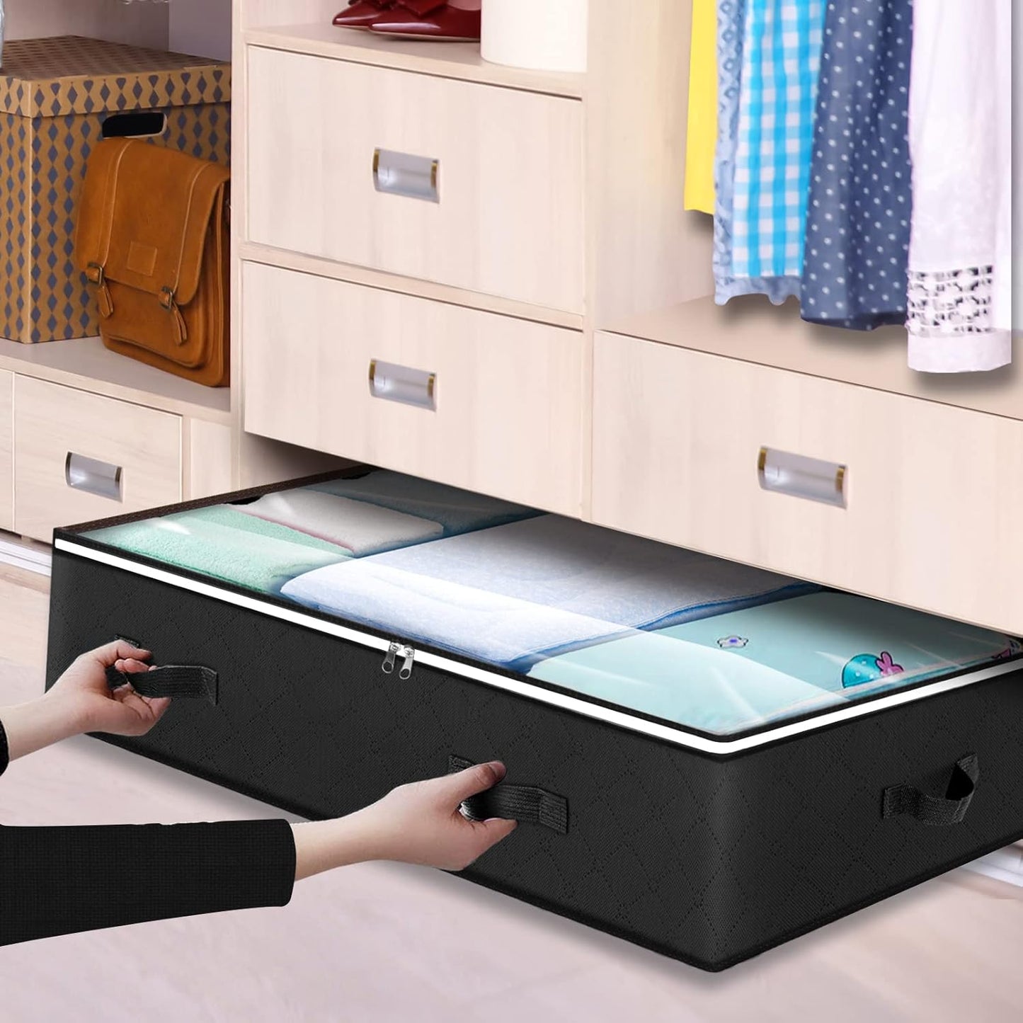 4 Pack Underbed Storage, 90L Large under Bed Storage Box with Lid, Clothes Storage Bags with Clear Window and Reinforced Handles for Blanket, Clothes, Comforters, Black