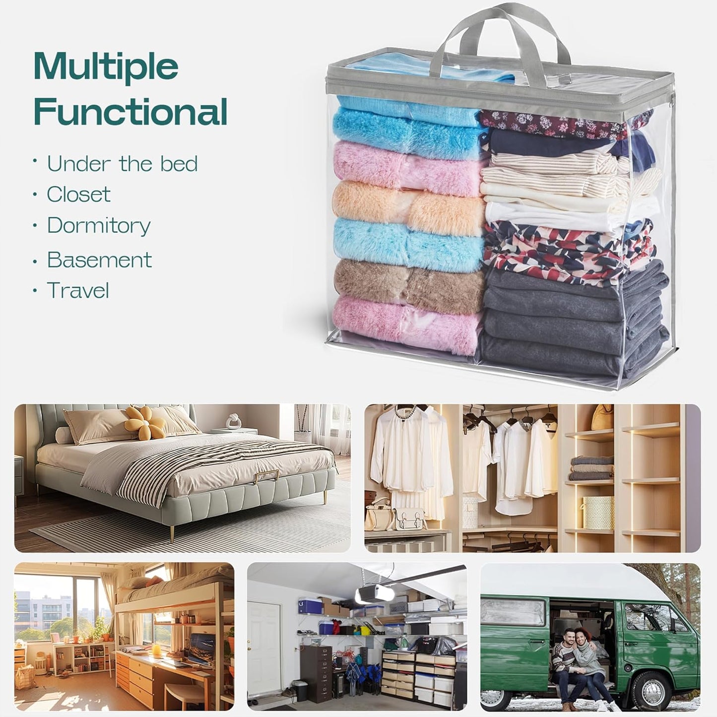 Clear Zippered Storage Bag Foldable Storage Boxes, 22L Storage Organizer Bags for Clothes, and Blanket Storage Bags for Bedding, Cds, Blankets, Comforters, Clothing & Toys (Grey, 10-Pack)