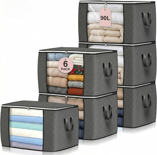 6 Pack 90L Storage Bags, Large Clothes Storage Bags with Zips Durable Handles Thick Fabric for Clothes, Bedding, Blankets, Comforters and Toys (Grey)
