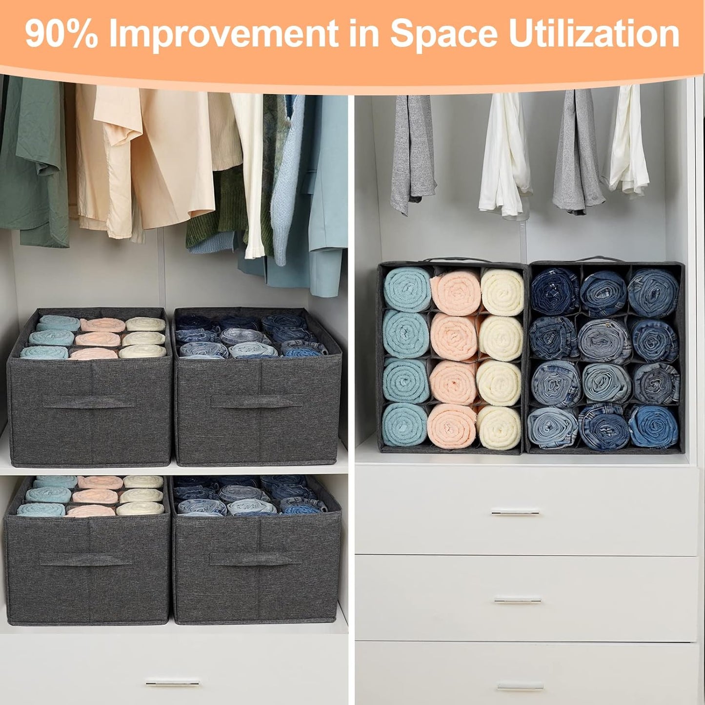 Wardrobe Organiser Clothes Storage Boxes - 12 Cell Foldable Closet Shelf Drawer Dividers for Cupboard Organizer, Stackable Clothing Box for Jeans, Trouser, Pants, T-Shirt, Sweater (1 Pack)