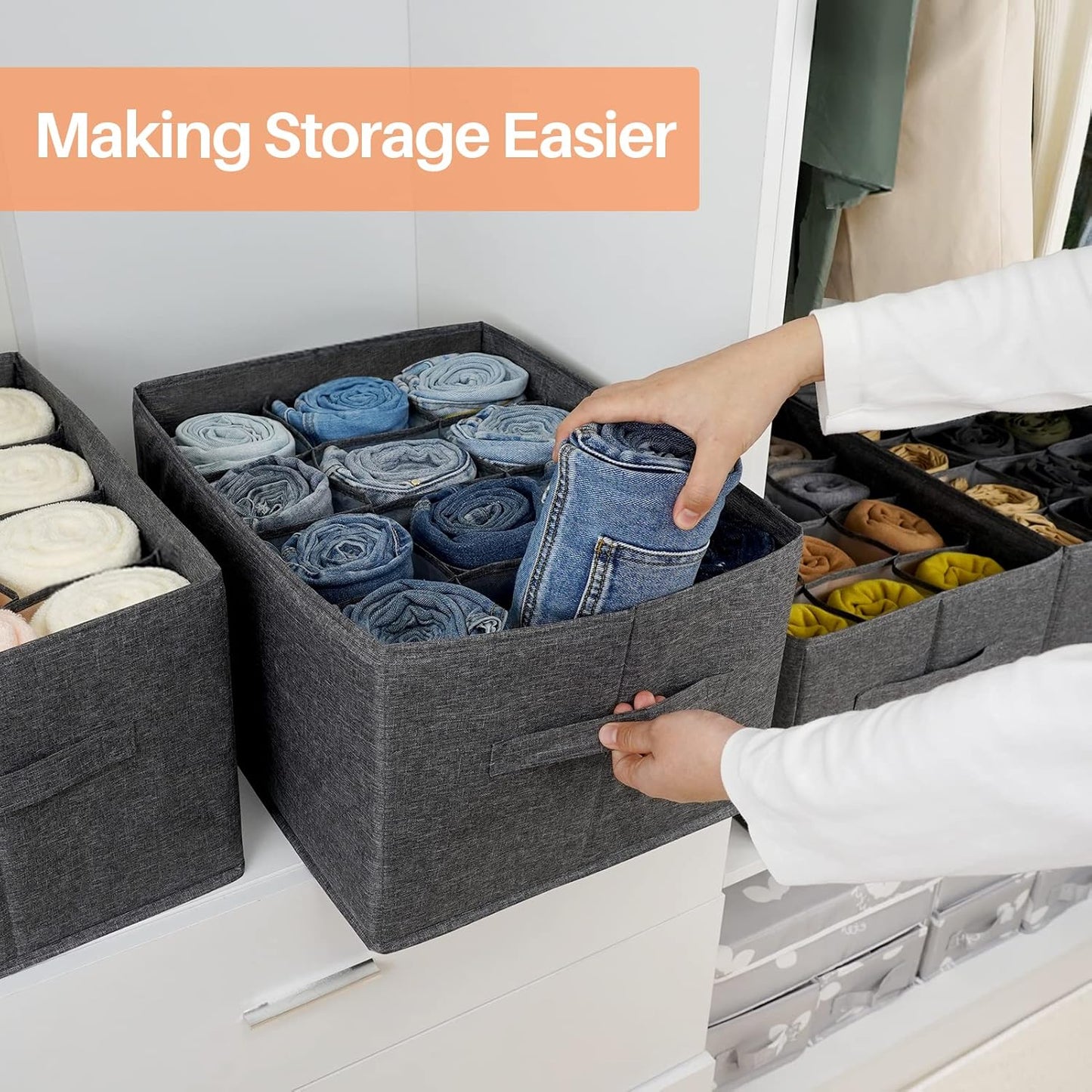 Wardrobe Organiser Clothes Storage Boxes - 12 Cell Foldable Closet Shelf Drawer Dividers for Cupboard Organizer, Stackable Clothing Box for Jeans, Trouser, Pants, T-Shirt, Sweater (1 Pack)