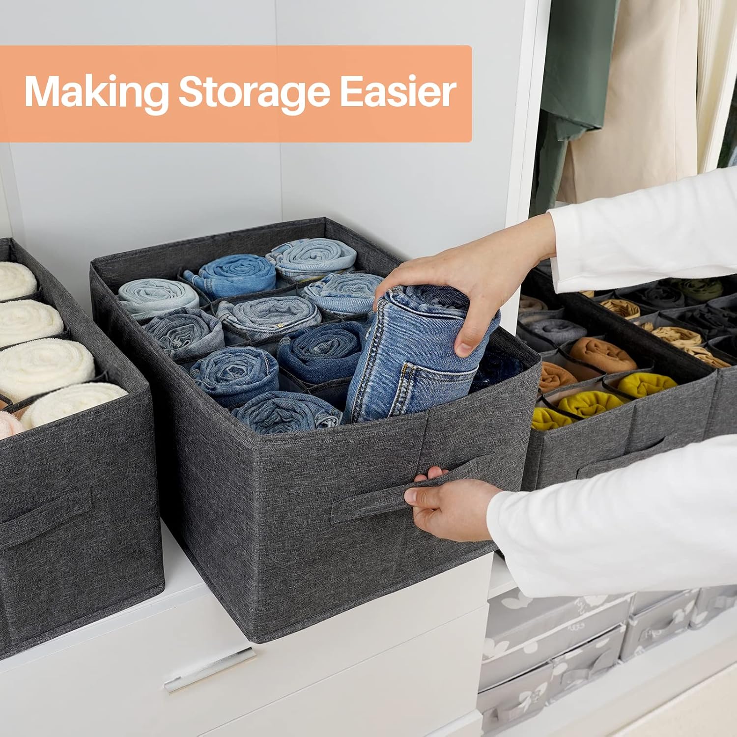 Wardrobe Organiser Clothes Storage Boxes - 12 Cell Foldable Closet Shelf Drawer Dividers for Cupboard Organizer, Stackable Clothing Box for Jeans, Trouser, Pants, T-Shirt, Sweater (1 Pack)