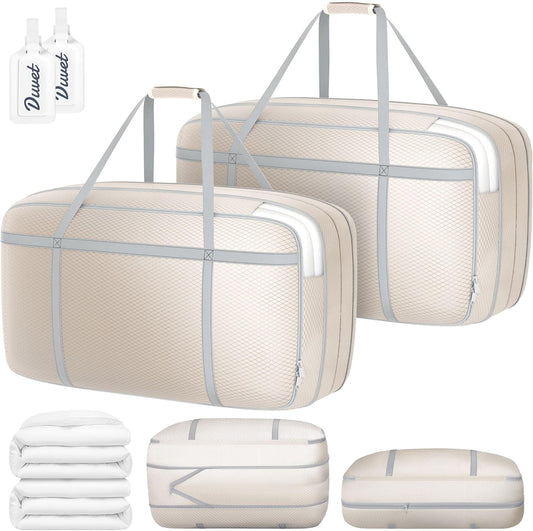 100L Compression Clothes Storage Bag - Tear-Resistant Polyester, Large Storage Boxes with Lids, Transparent Moving Bags with Reinforced Handles & Windows for Bedding/Travel/College, 2 Pack
