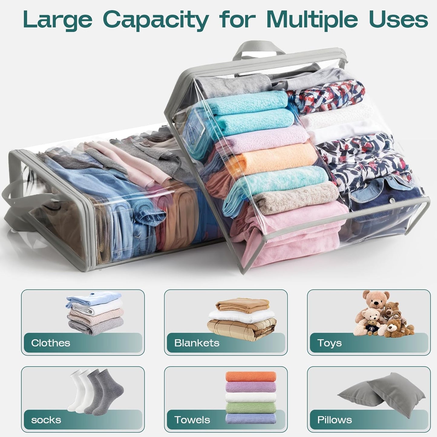 Clear Zippered Storage Bag Foldable Storage Boxes, 22L Storage Organizer Bags for Clothes, and Blanket Storage Bags for Bedding, Cds, Blankets, Comforters, Clothing & Toys (Grey, 10-Pack)