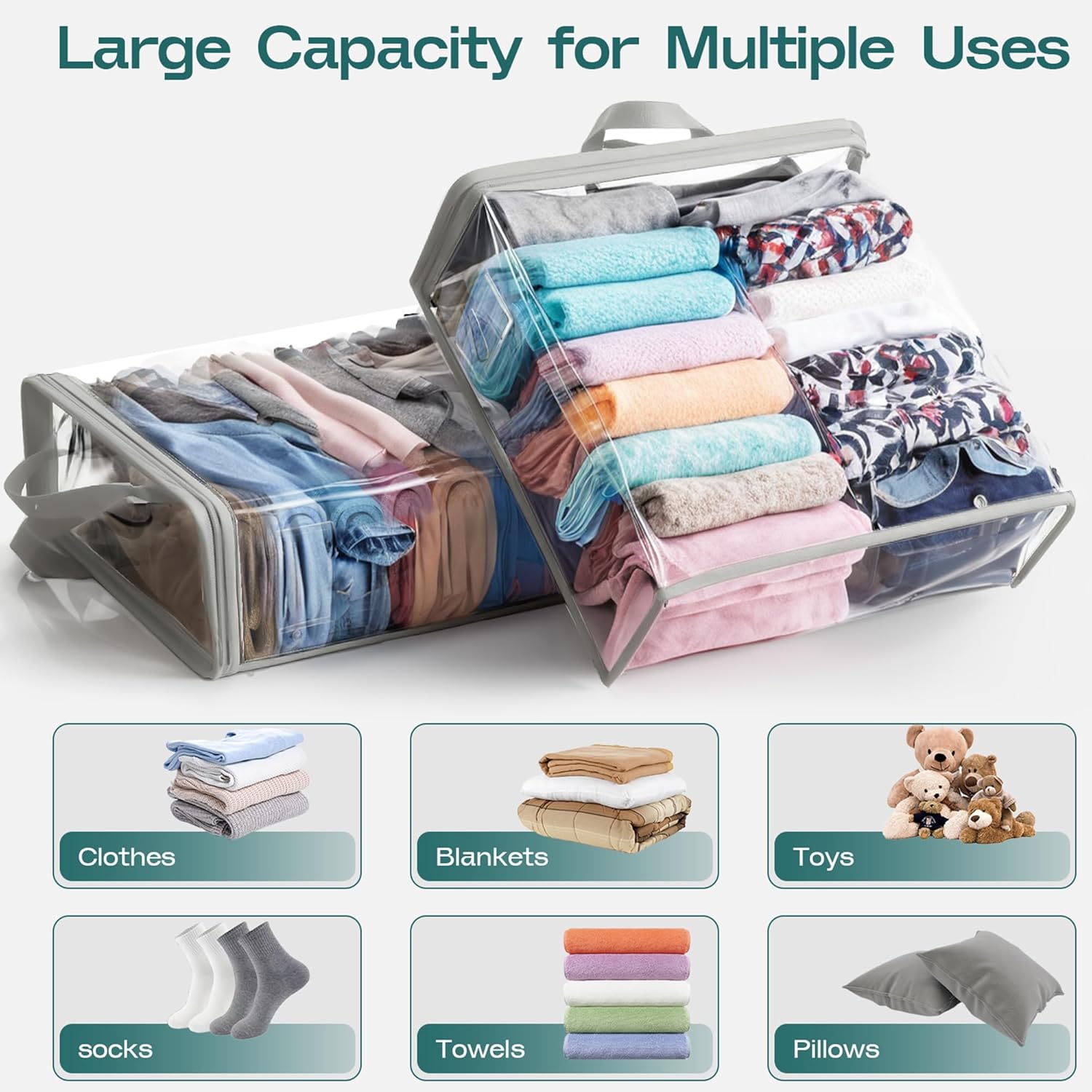 Clear Zippered Storage Bag Foldable Storage Boxes, 22L Storage Organizer Bags for Clothes, and Blanket Storage Bags for Bedding, Cds, Blankets, Comforters, Clothing & Toys (Grey, 10-Pack)